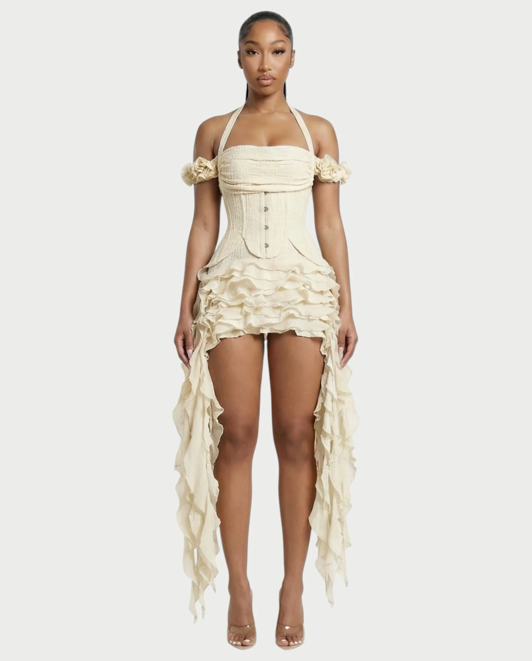 VALORIA Corset Ruffle Hem Mini Dress - Image 26