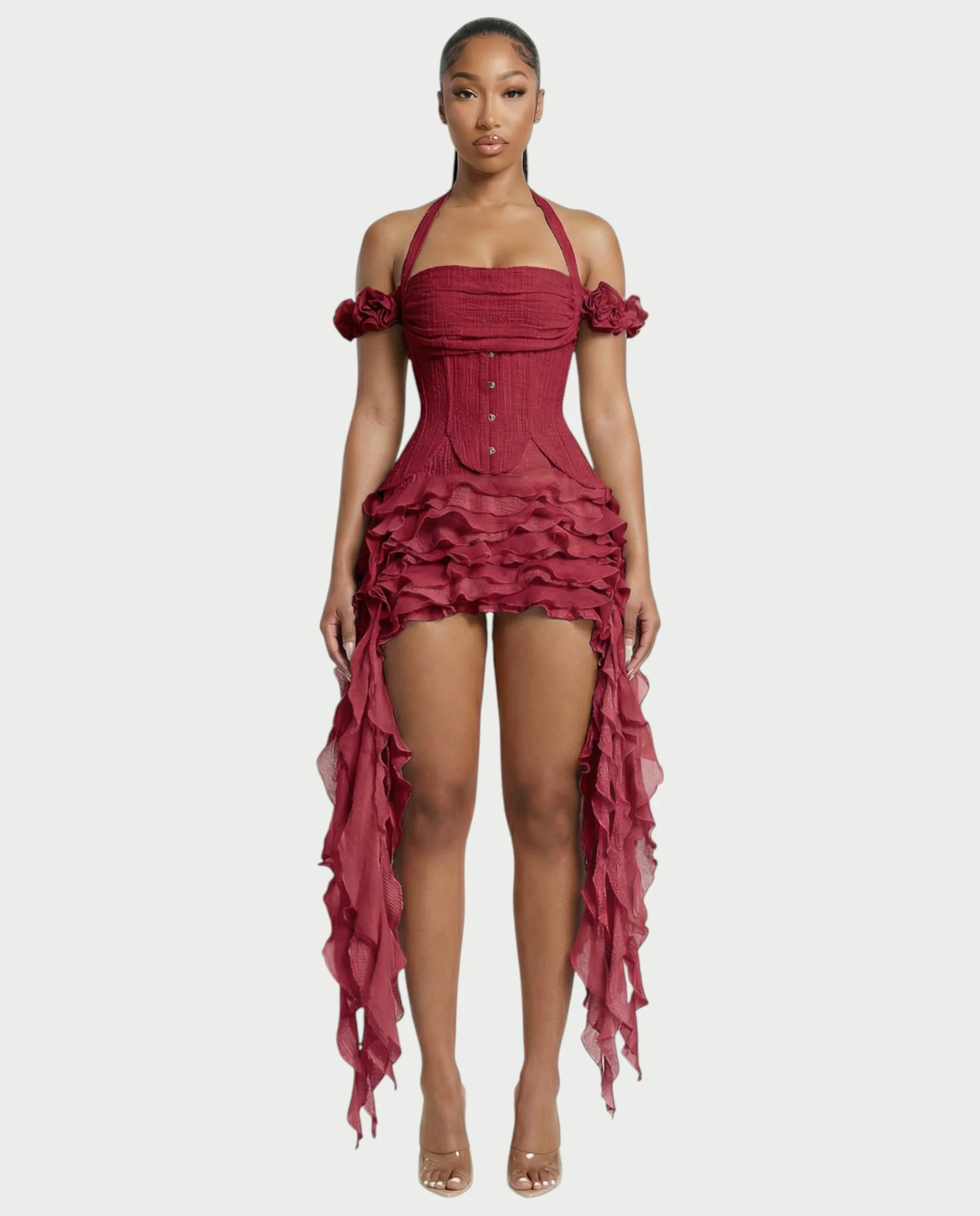 VALORIA Corset Ruffle Hem Mini Dress - Image 31