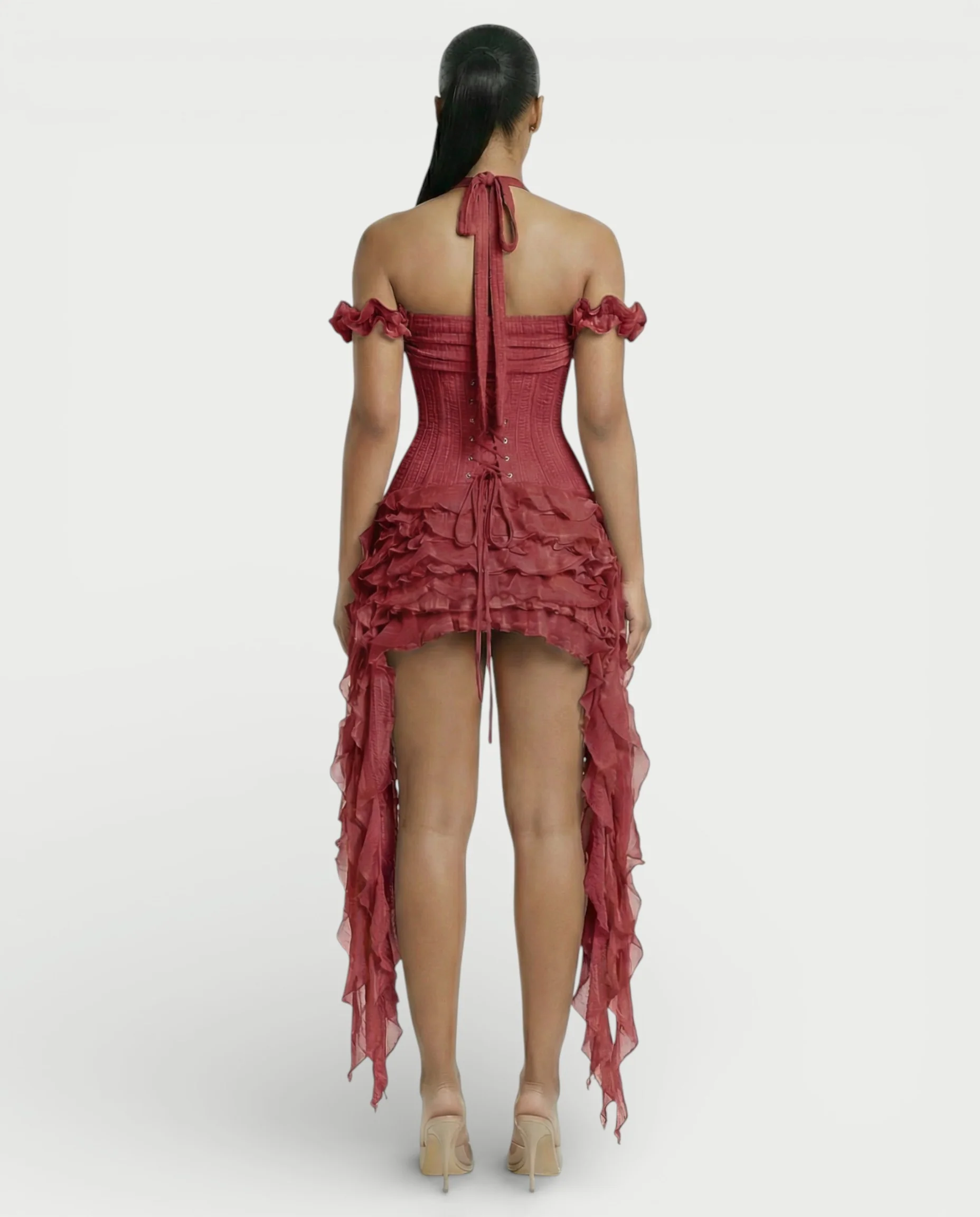 VALORIA Corset Ruffle Hem Mini Dress - Image 32