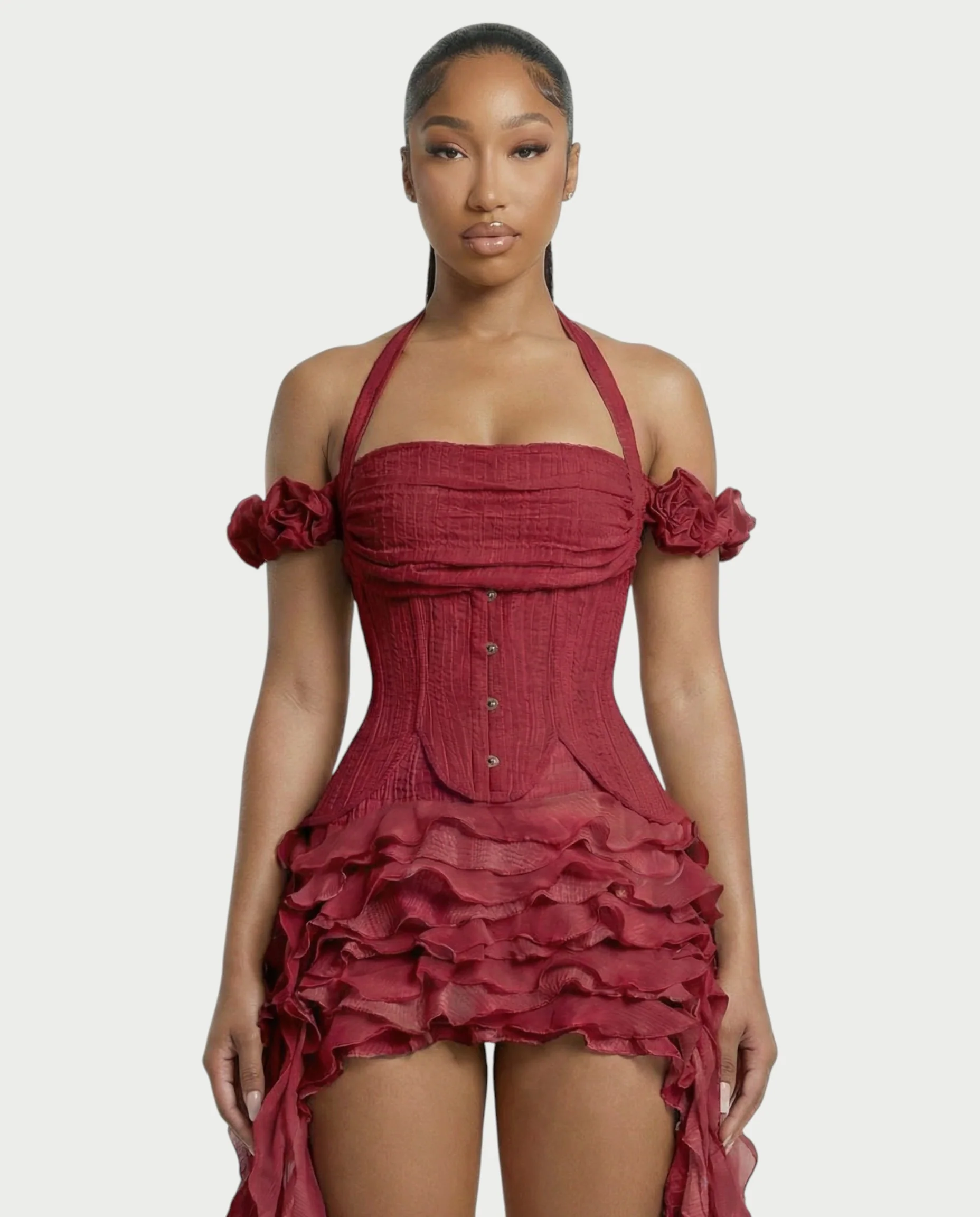 VALORIA Corset Ruffle Hem Mini Dress - Image 33