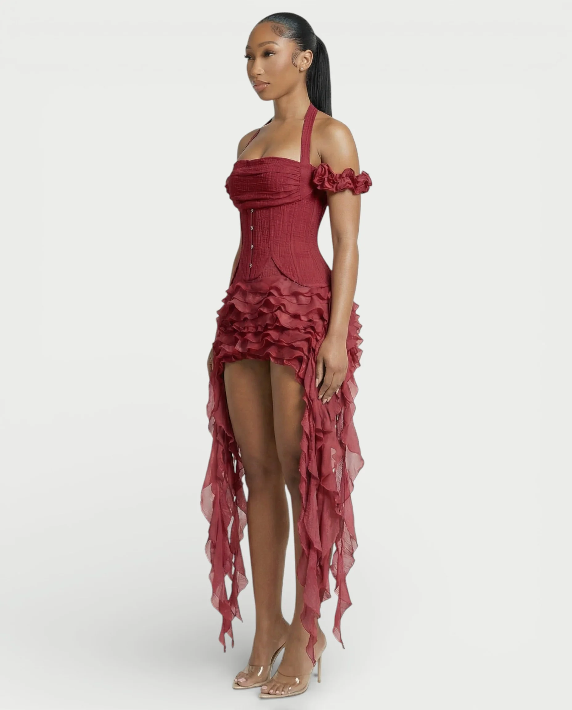 VALORIA Corset Ruffle Hem Mini Dress - Image 34