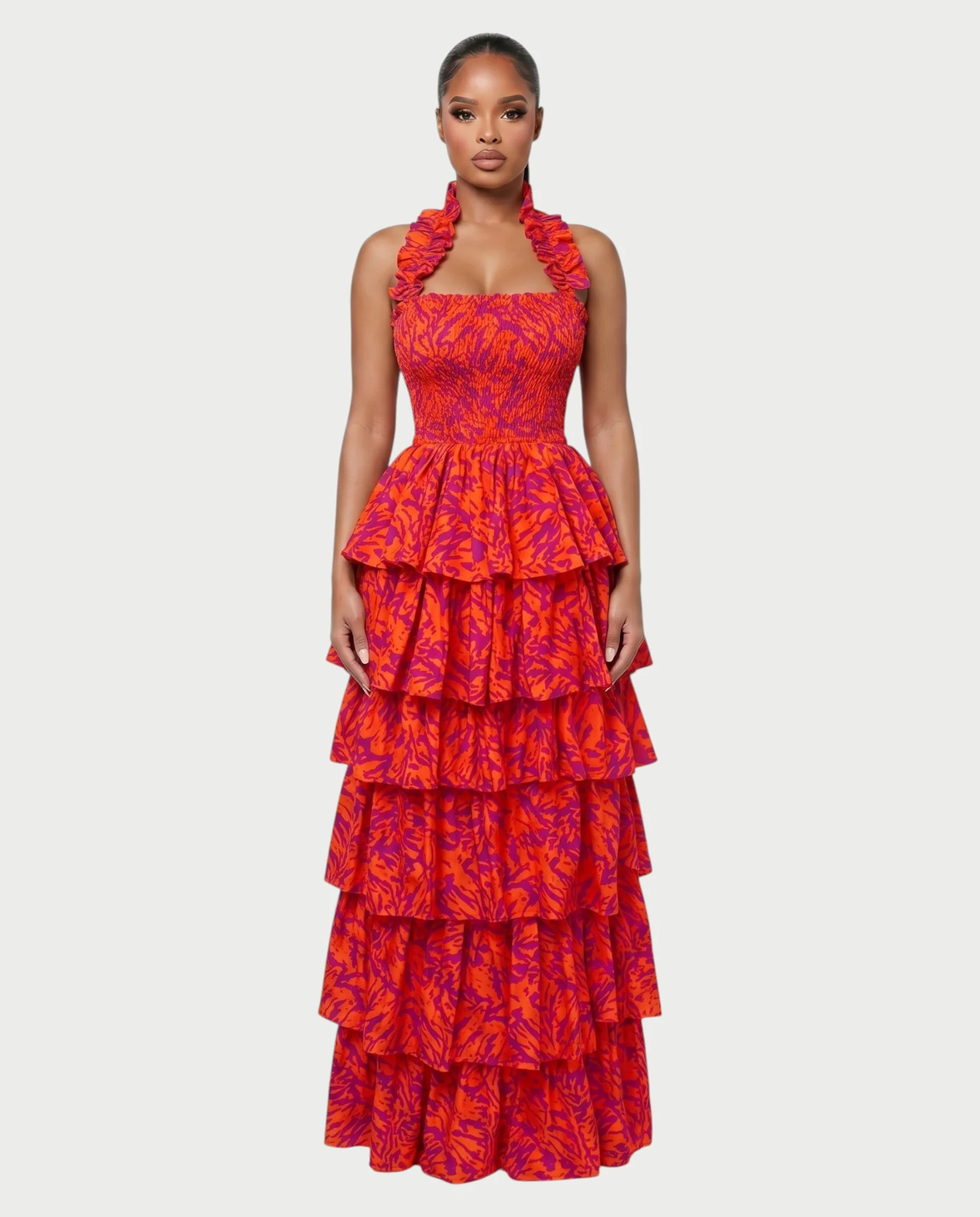 VALORIN Printed Layered Ruffle Halter Maxi Dress