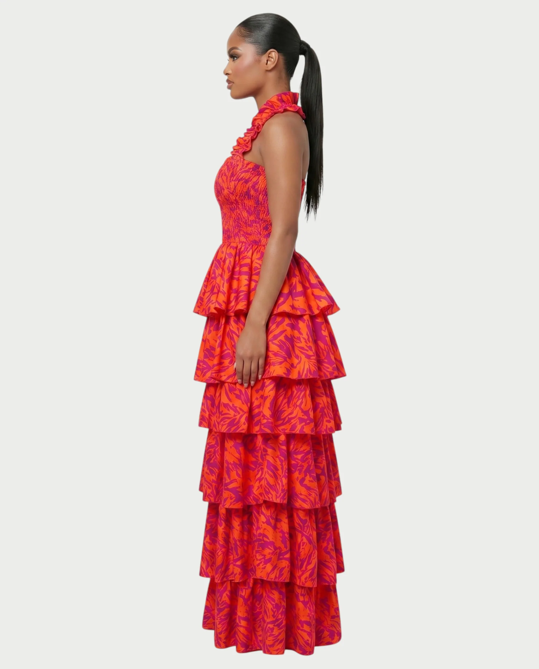 VALORIN Printed Layered Ruffle Halter Maxi Dress - Image 3