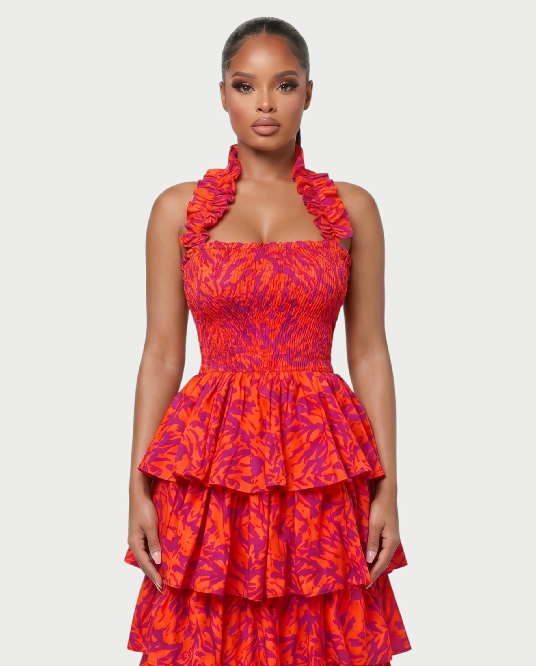 VALORIN Printed Layered Ruffle Halter Maxi Dress - Image 4