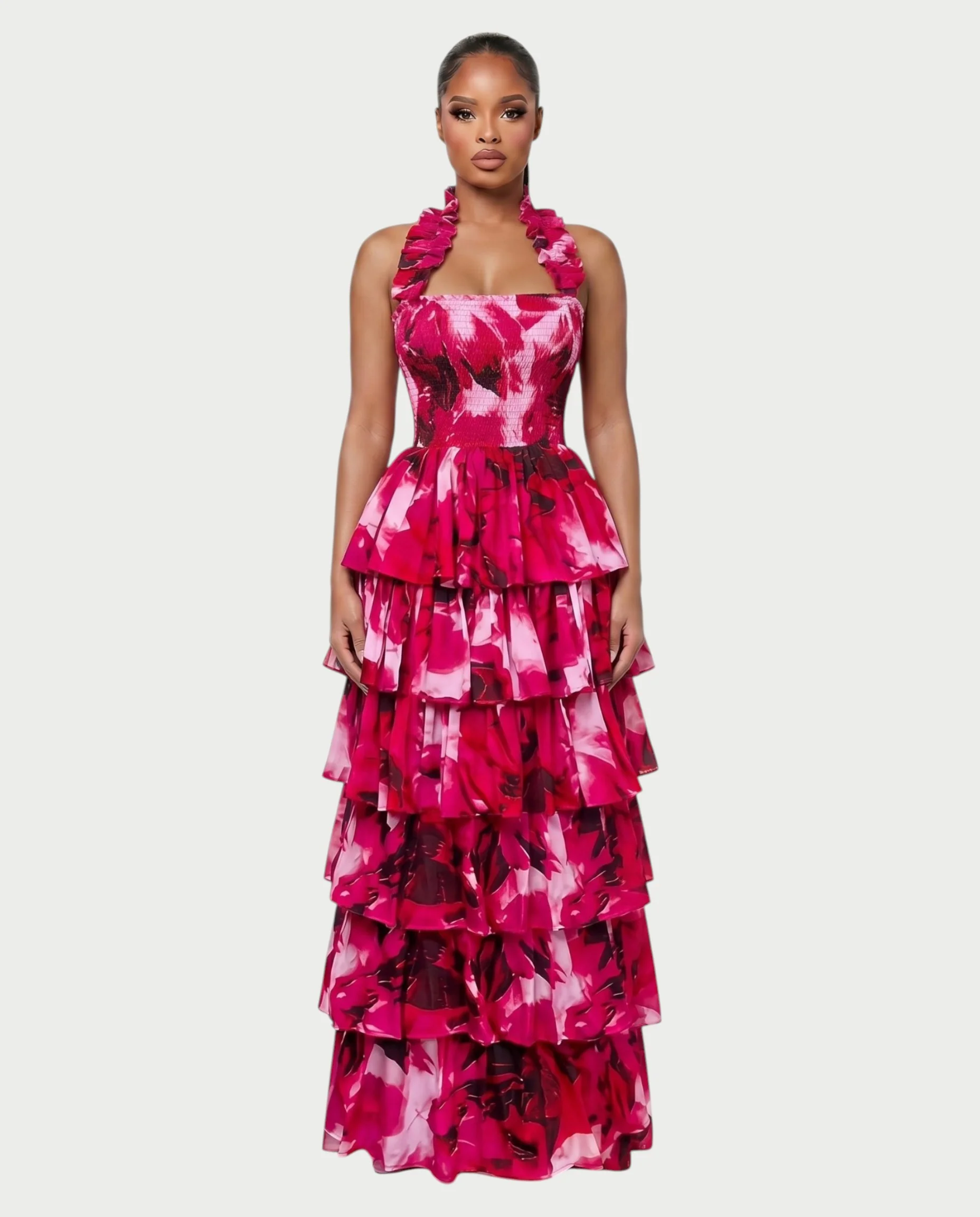 VALORIN Printed Layered Ruffle Halter Maxi Dress - Image 6