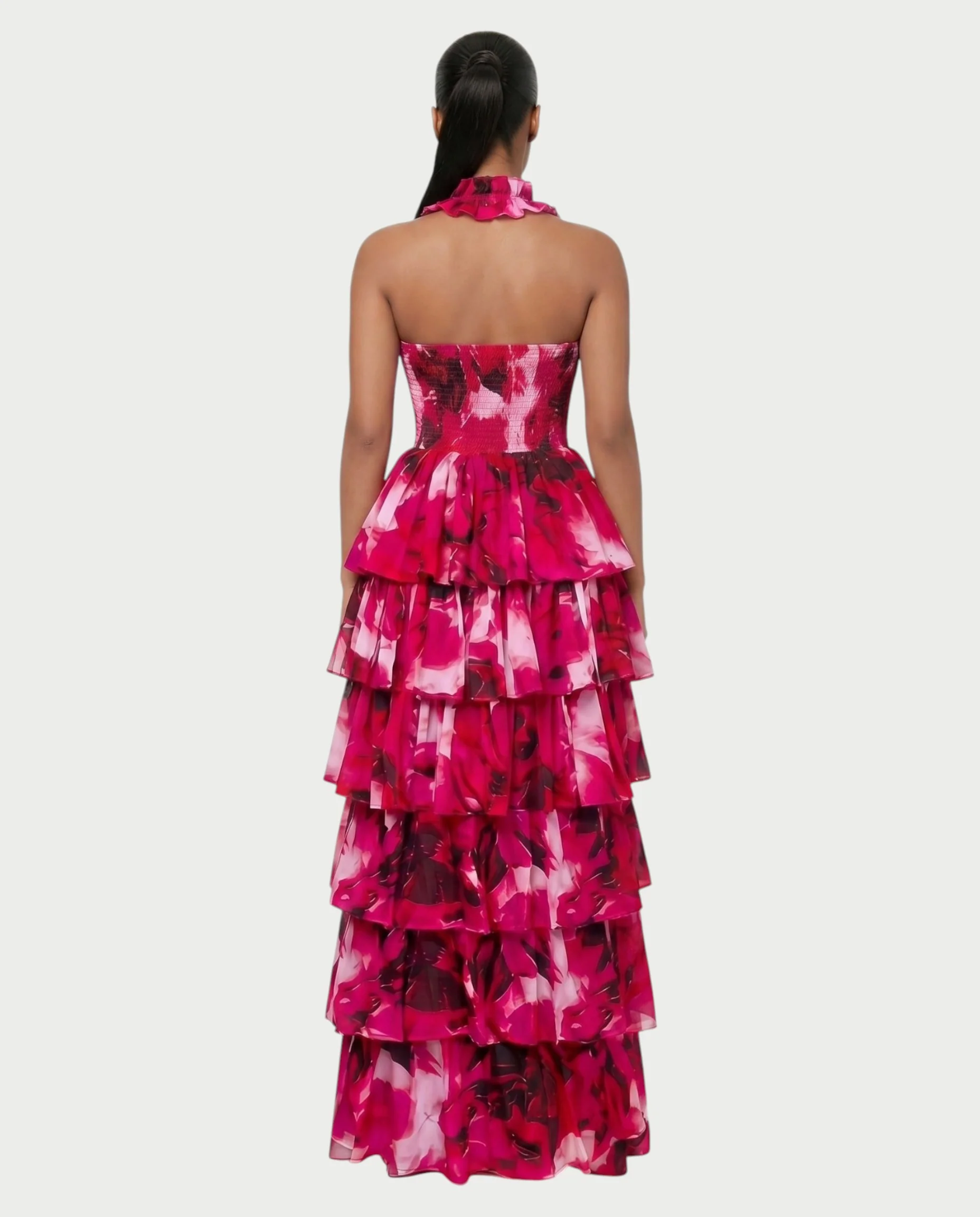 VALORIN Printed Layered Ruffle Halter Maxi Dress - Image 7
