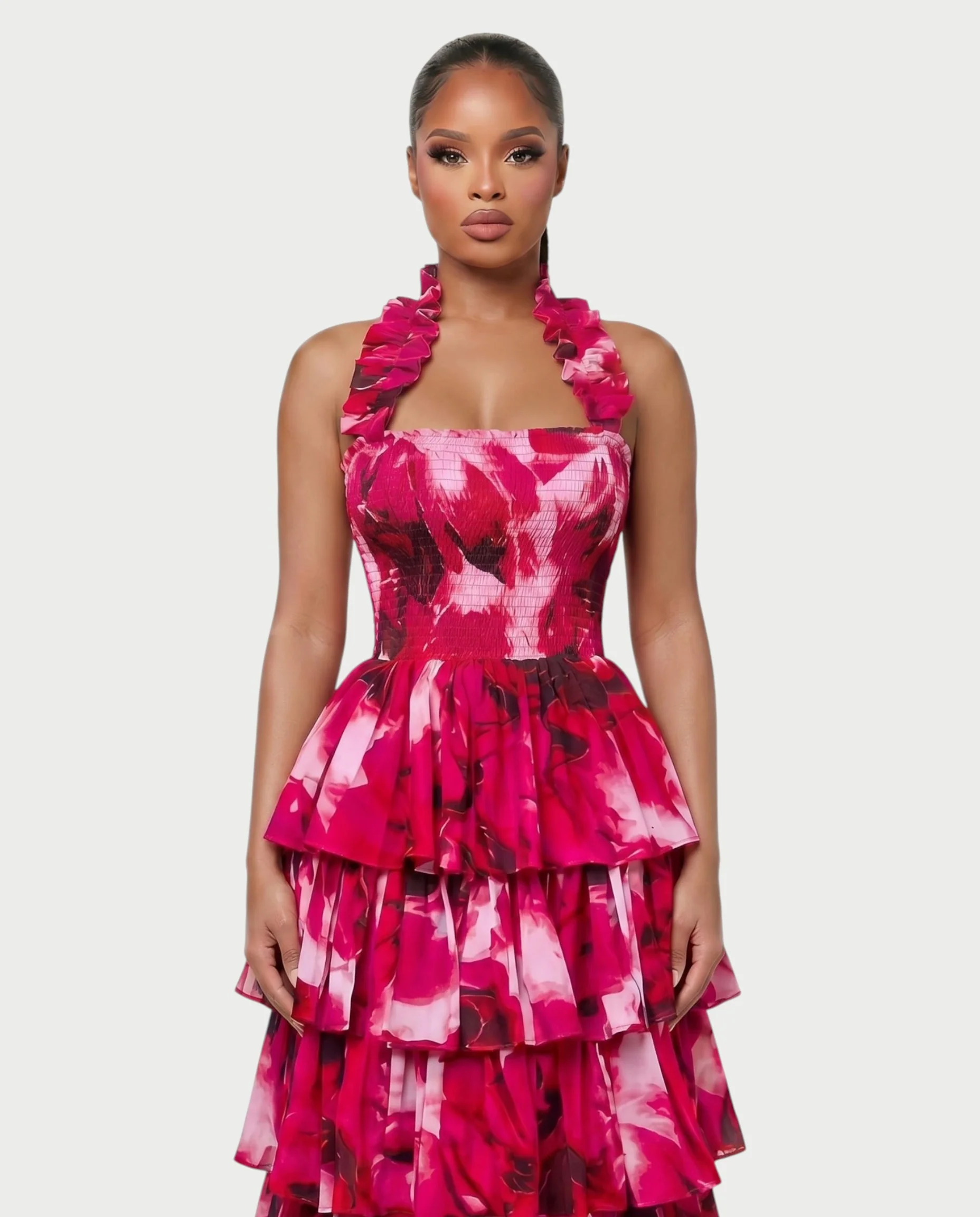 VALORIN Printed Layered Ruffle Halter Maxi Dress - Image 9