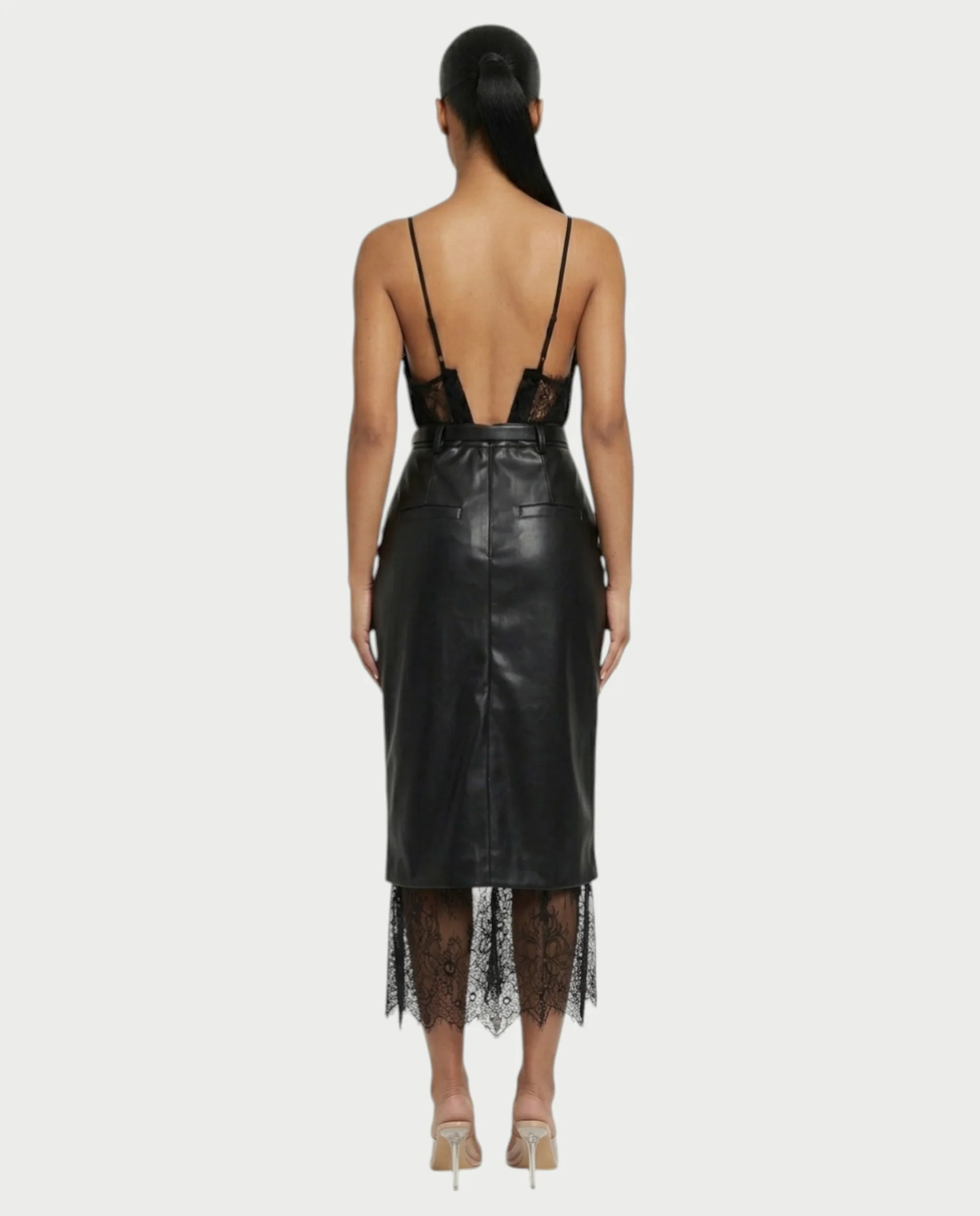 VANGE Lace Camisole & Belted Faux Leather Midi Skirt Set - Image 2