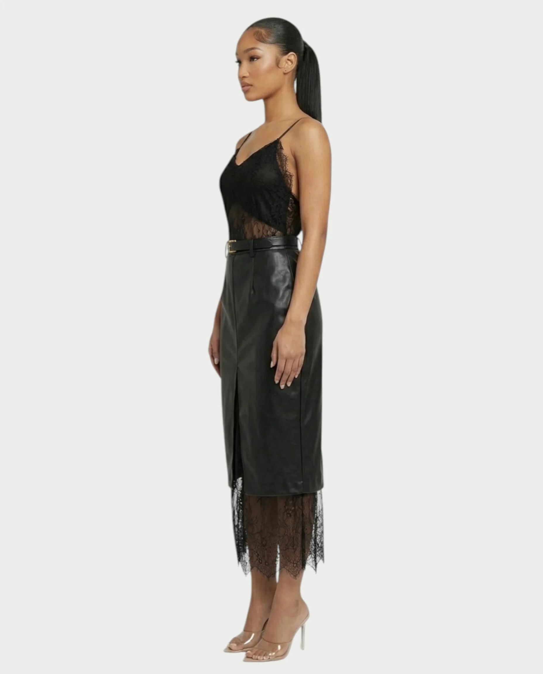VANGE Lace Camisole & Belted Faux Leather Midi Skirt Set - Image 3
