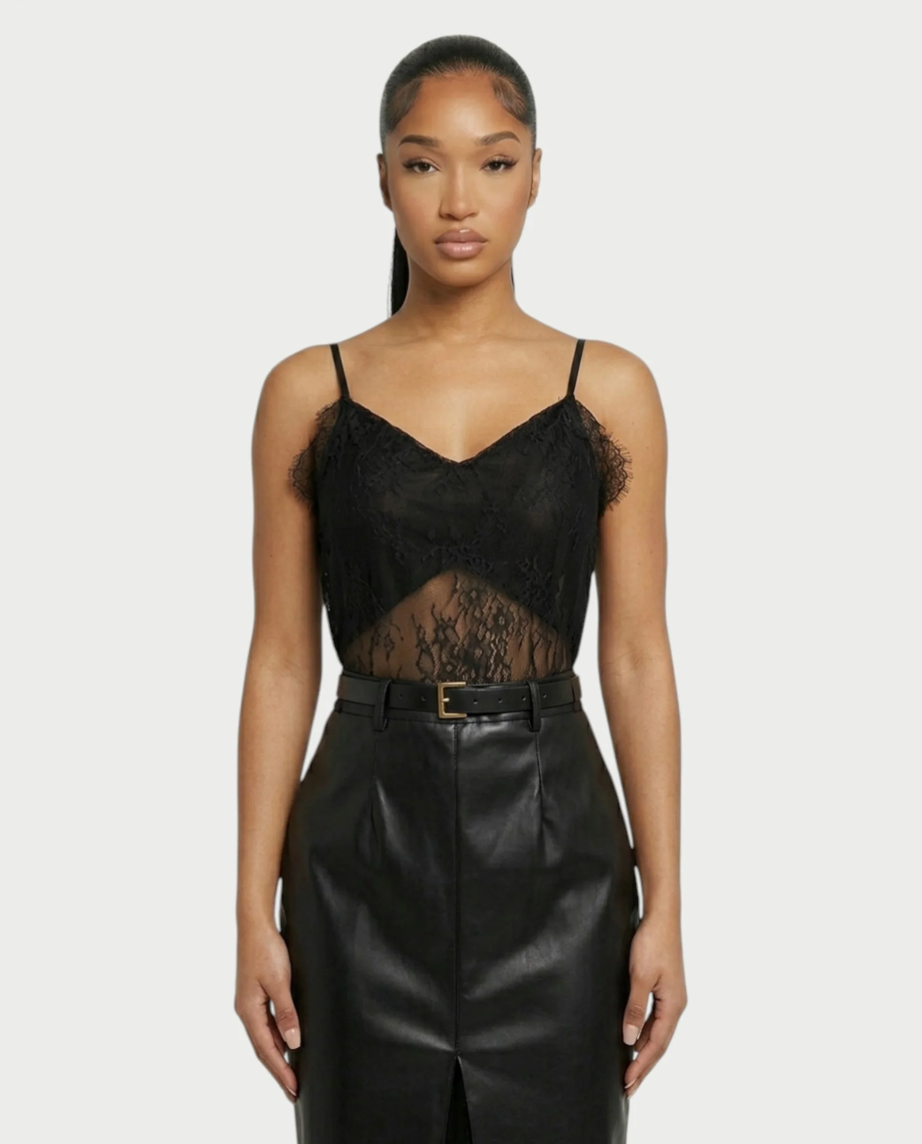 VANGE Lace Camisole & Belted Faux Leather Midi Skirt Set - Image 4
