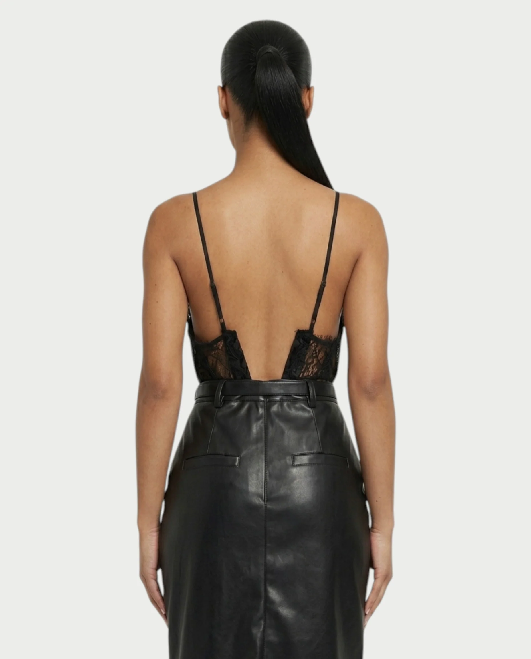 VANGE Lace Camisole & Belted Faux Leather Midi Skirt Set - Image 5