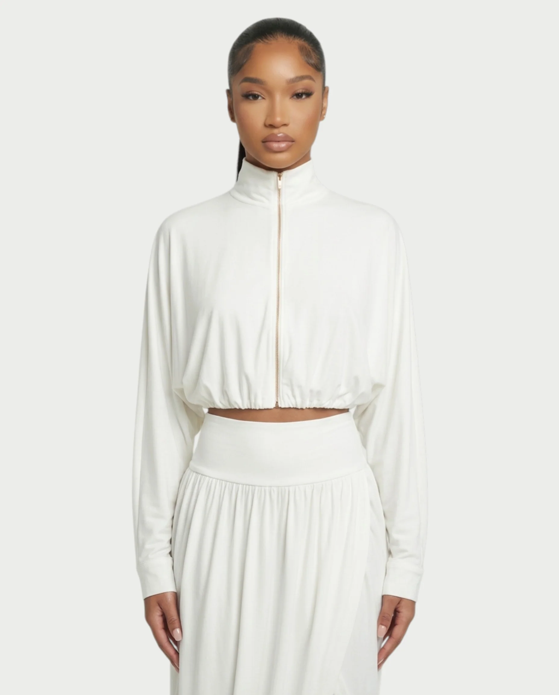 VANYS Zip-Up Crop Top & Draped Midi Skirt Set - Image 4