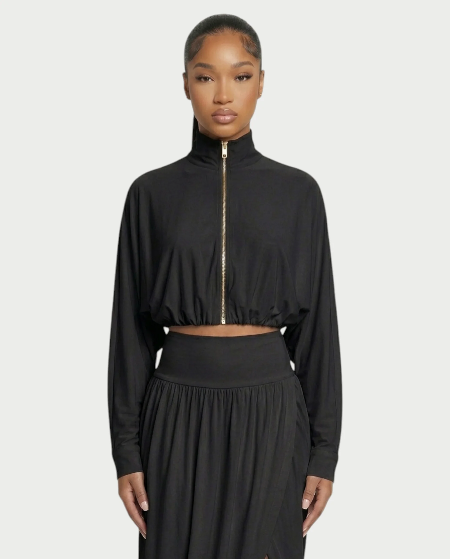VANYS Zip-Up Crop Top & Draped Midi Skirt Set - Image 9