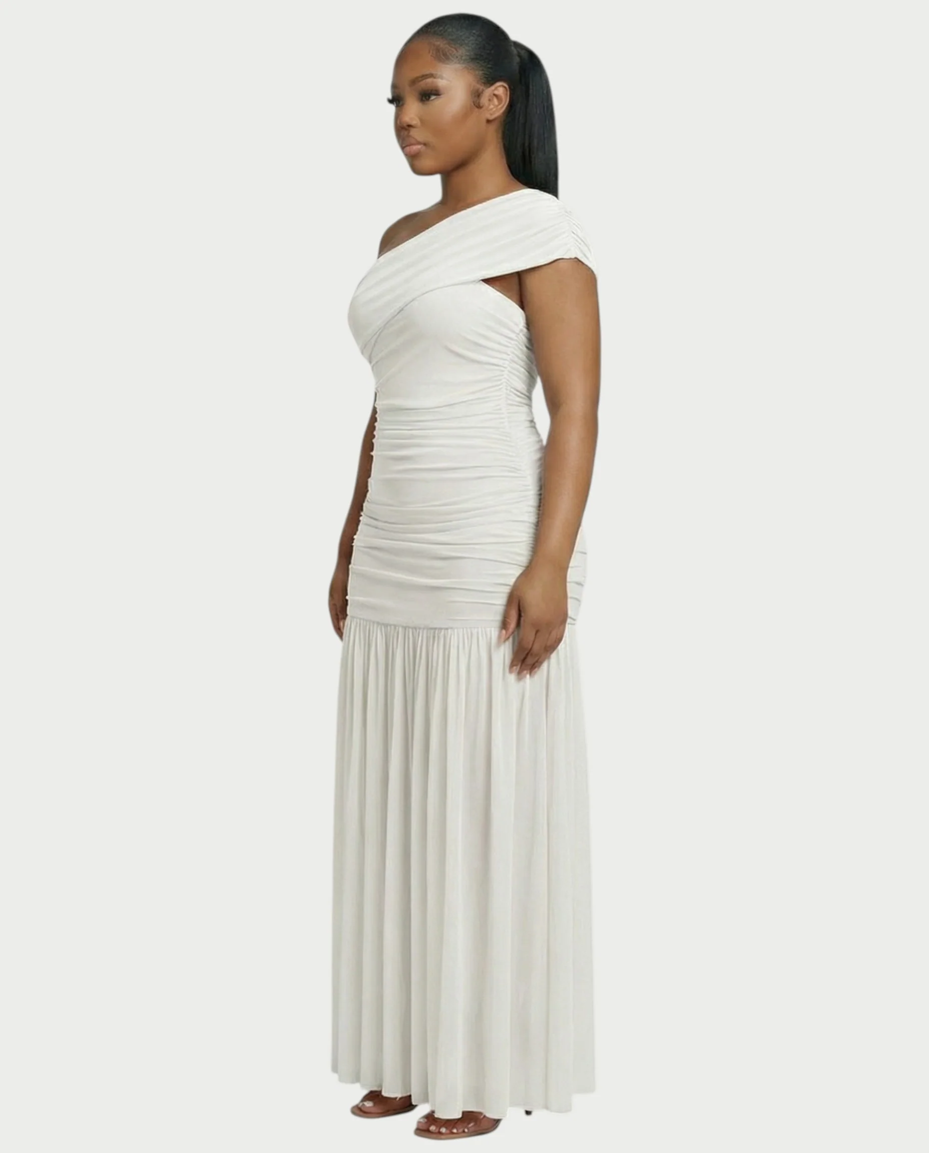 VAREN One-Shoulder Ruched Mesh Maxi Dress - Image 13