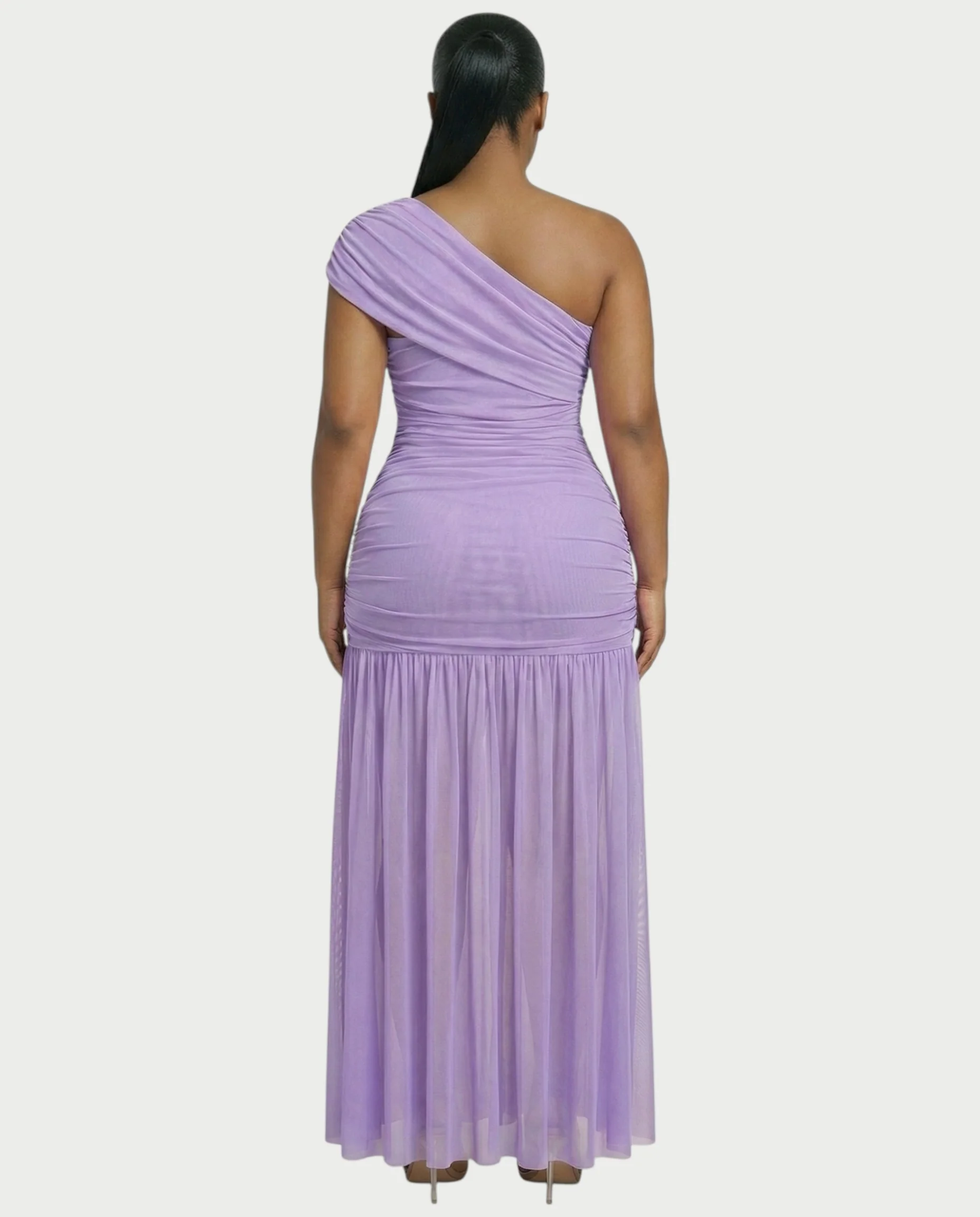 VAREN One-Shoulder Ruched Mesh Maxi Dress - Image 17