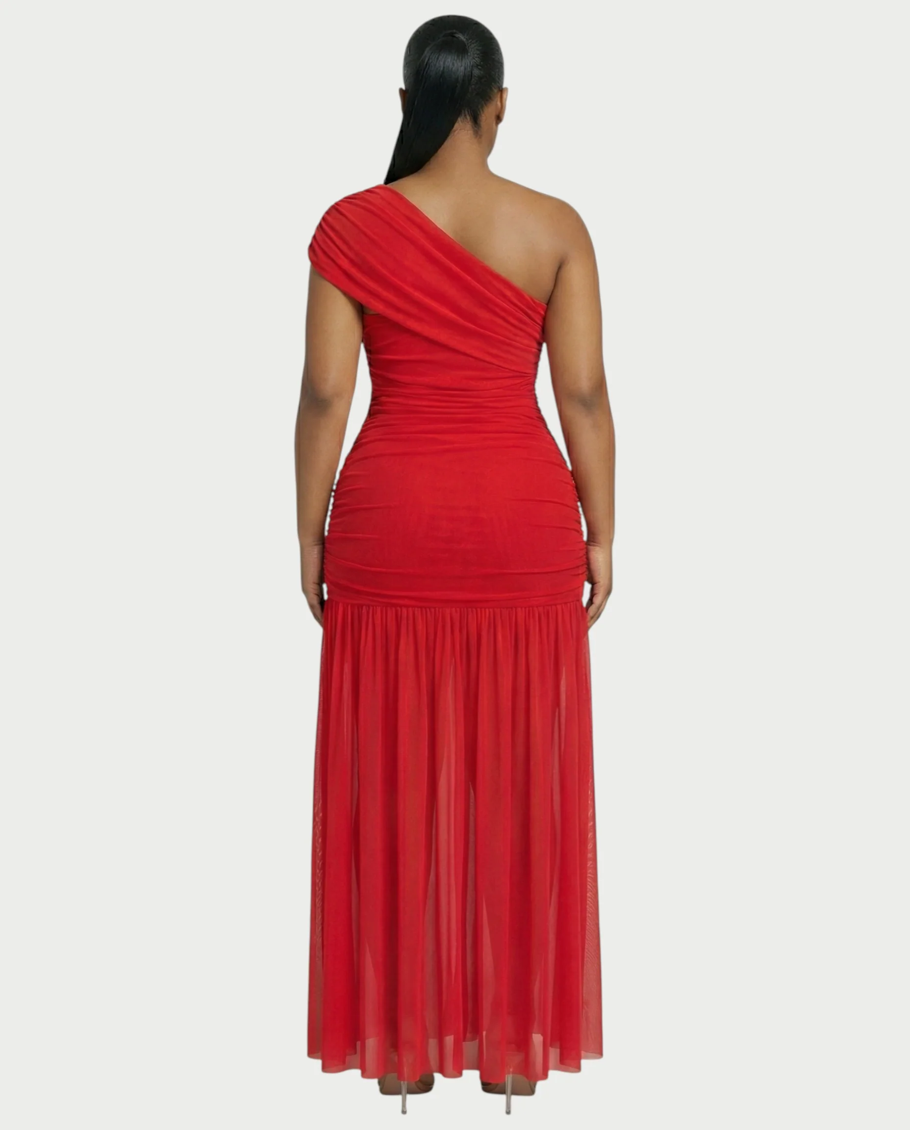 VAREN One-Shoulder Ruched Mesh Maxi Dress - Image 2