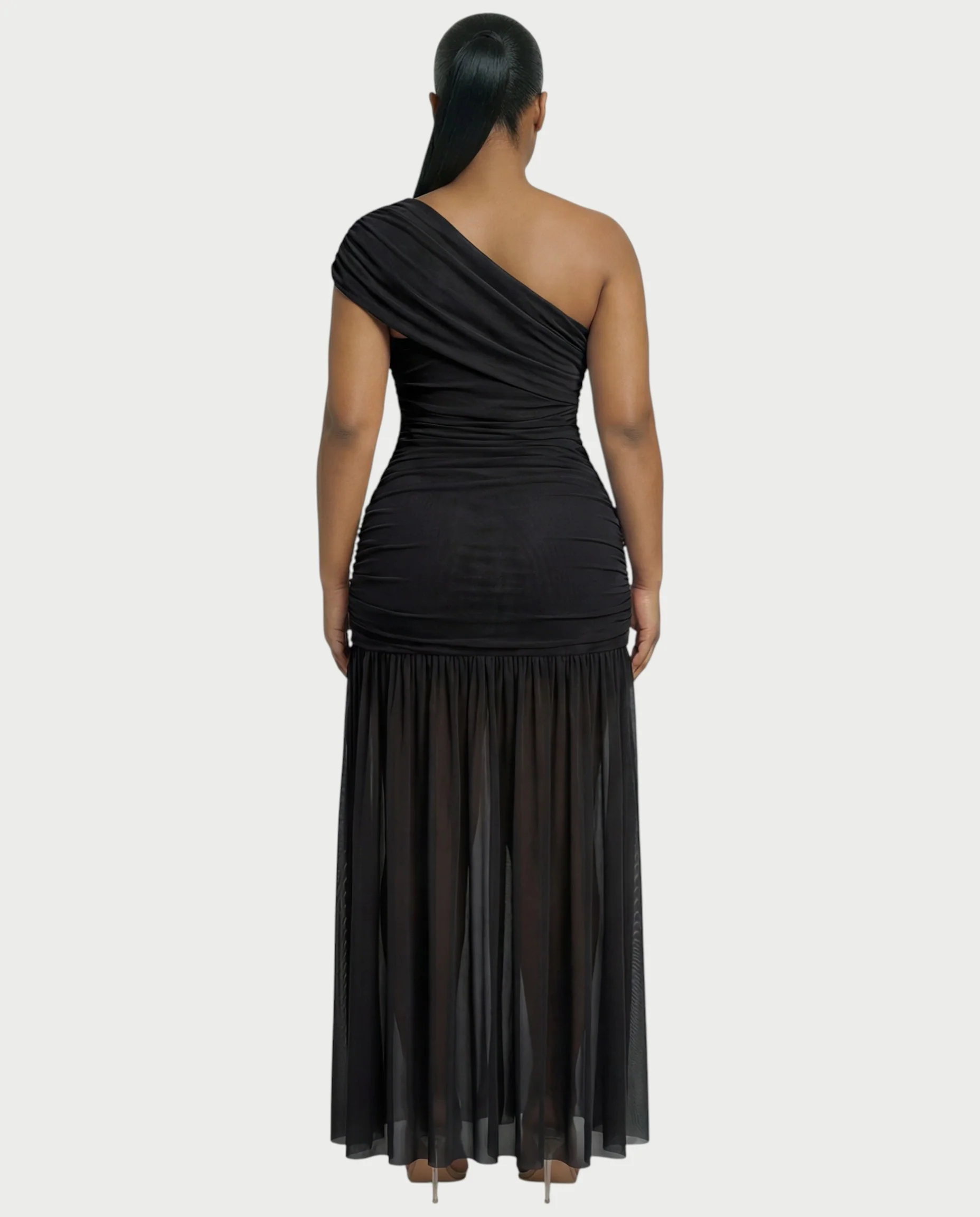 VAREN One-Shoulder Ruched Mesh Maxi Dress - Image 7