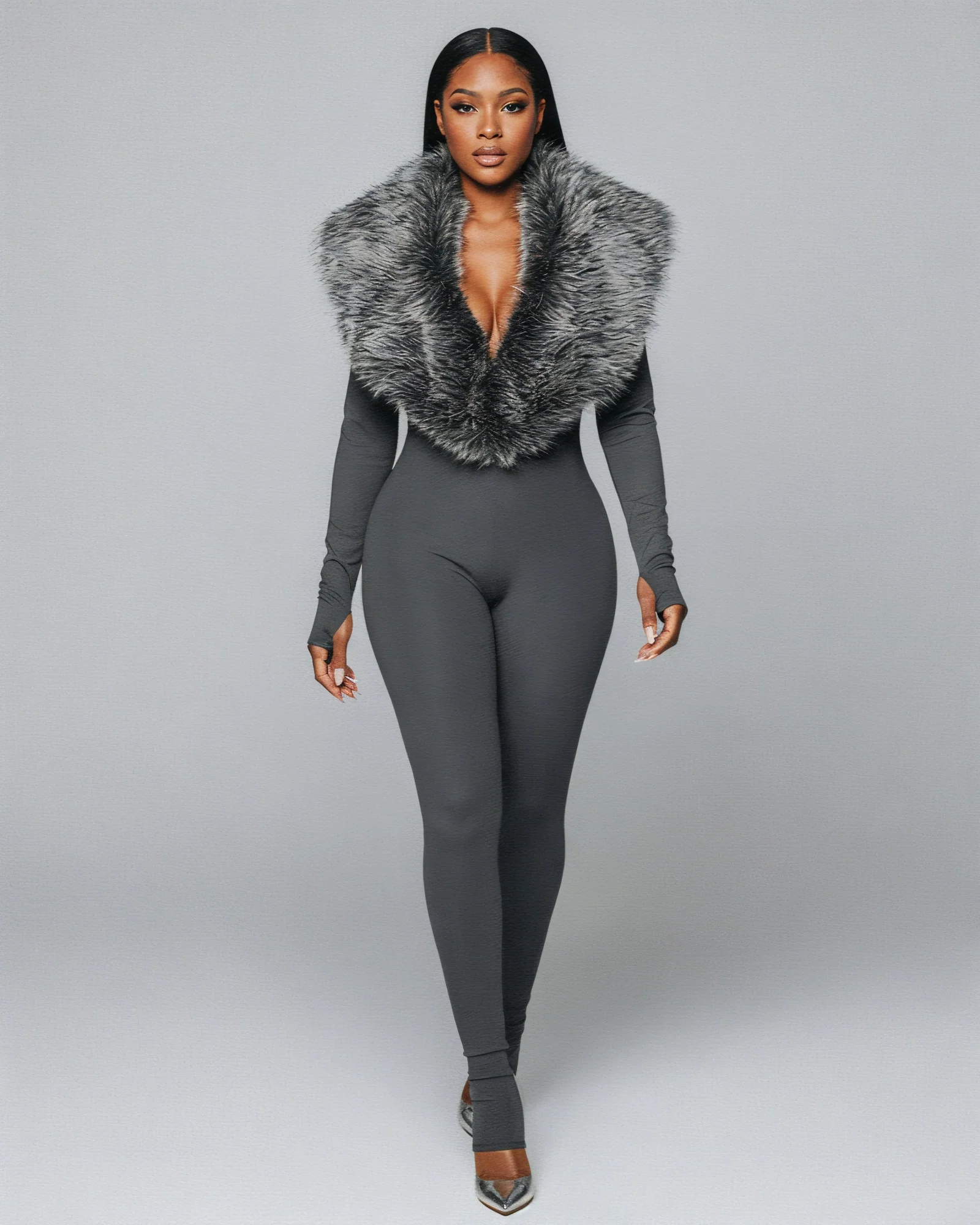 VARINA Faux Fur Collar Ribbed Jumpsuit
