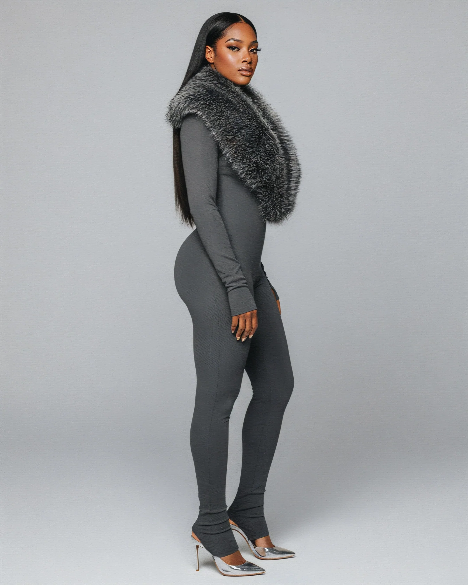 VARINA Faux Fur Collar Ribbed Jumpsuit - Image 3
