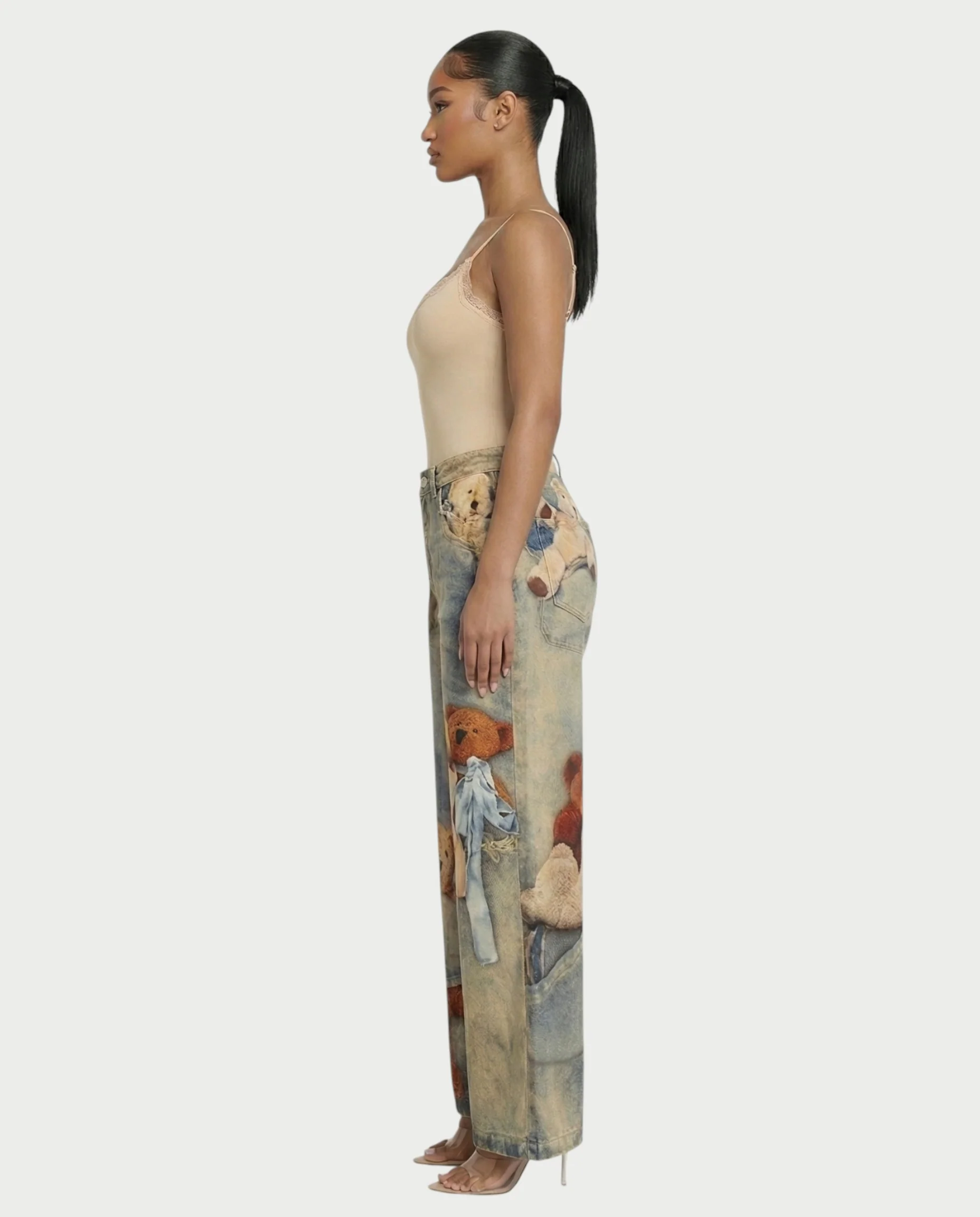VASHA Teddy Bear Print Wide-Leg Denim Pants - Image 3