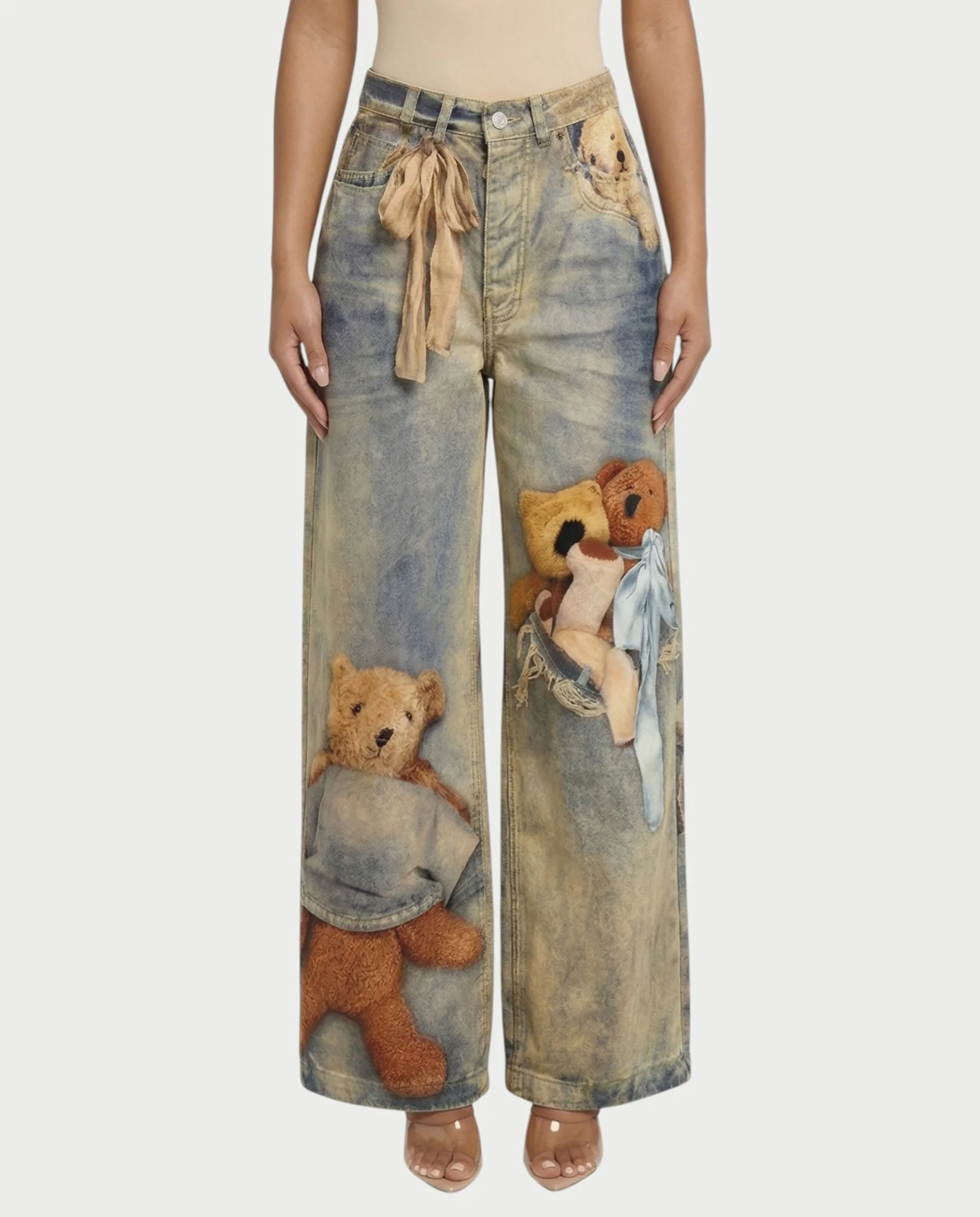 VASHA Teddy Bear Print Wide-Leg Denim Pants - Image 4