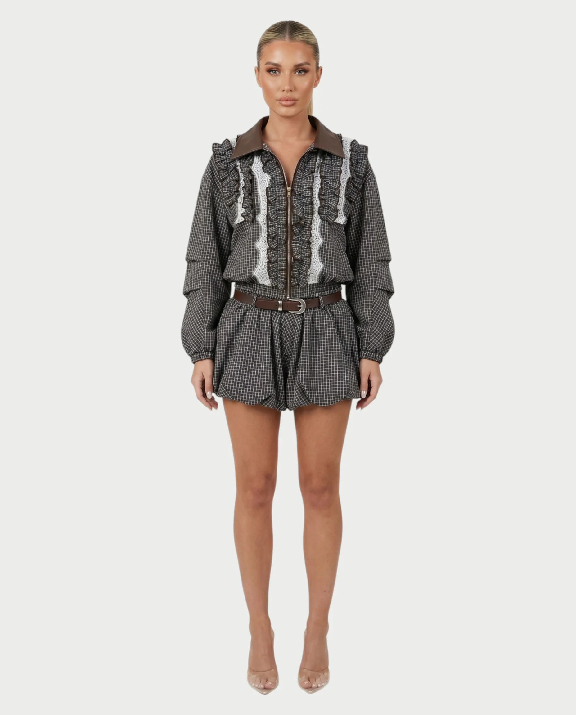 VENNY Plaid Lace Jacket & Bubble Skort Set