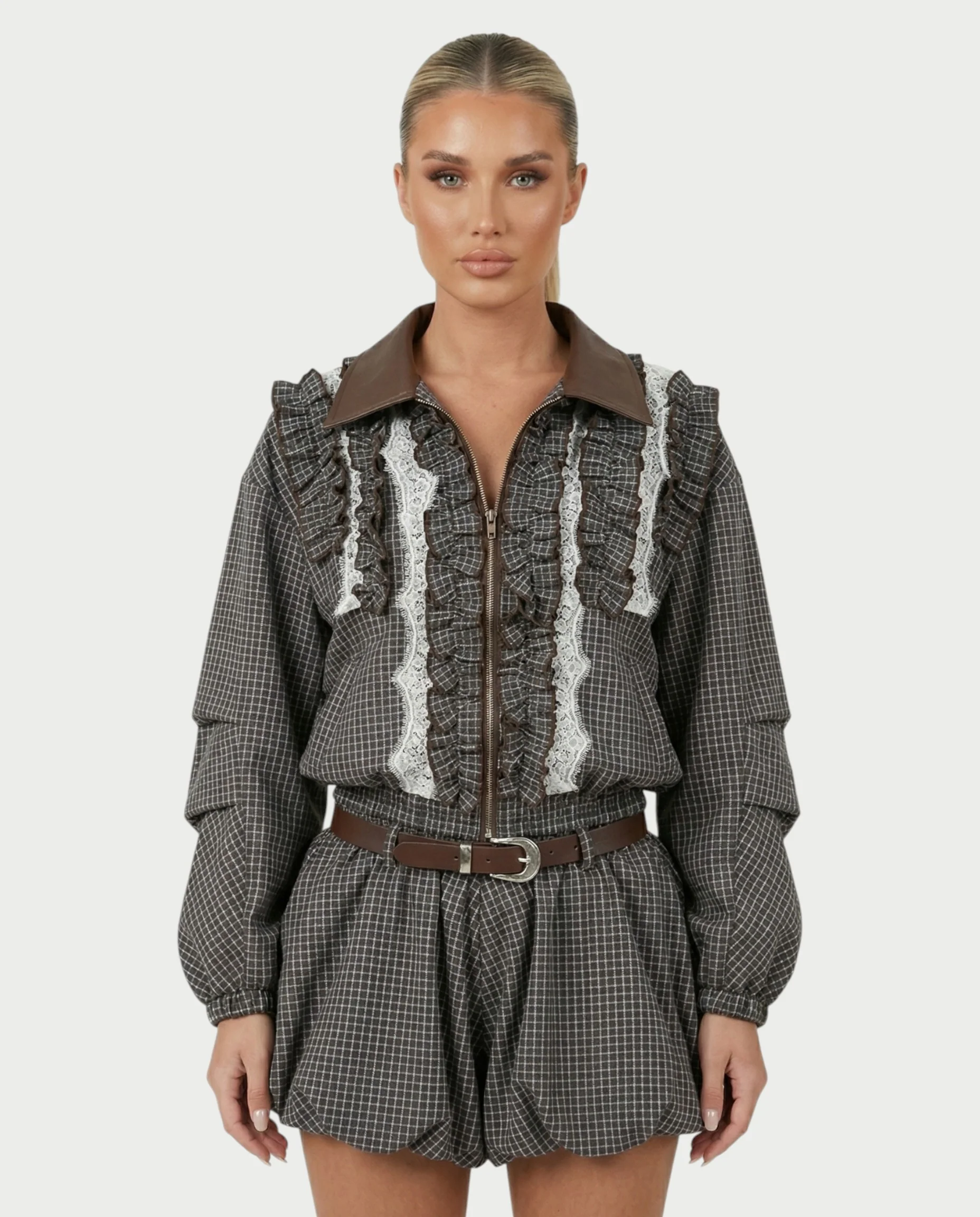 VENNY Plaid Lace Jacket & Bubble Skort Set - Image 5