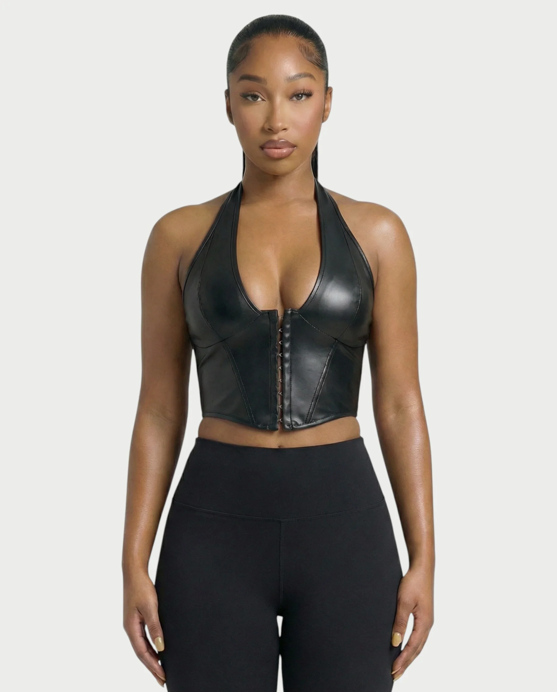 VERLYN Faux Leather Halter Neck Corset Top - Image 9