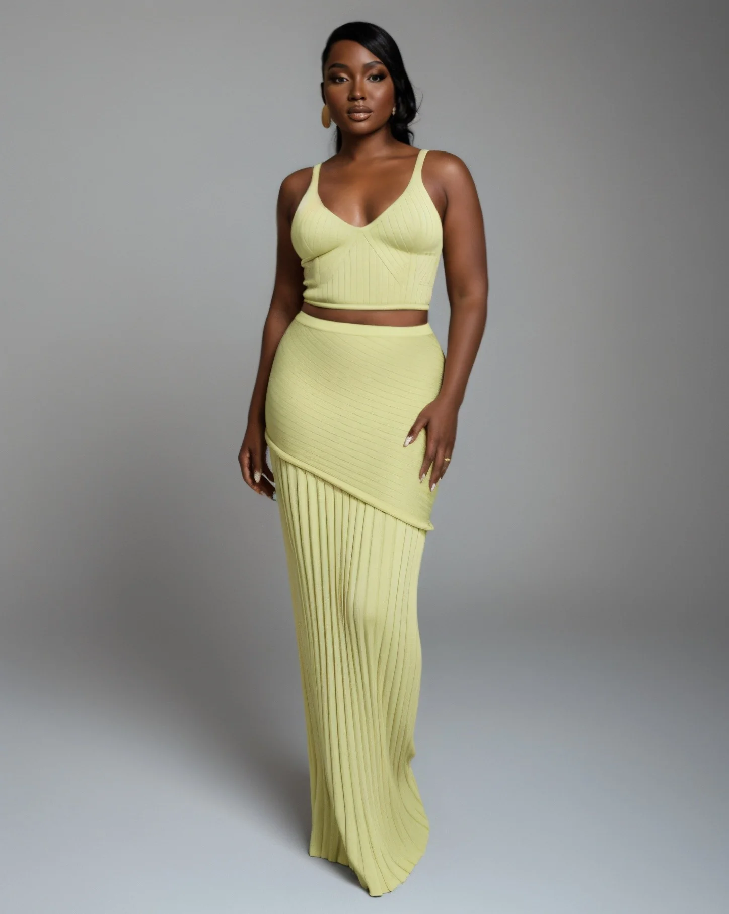 VESPERA Ribbed Knit Crop Top & Pleated Maxi Skirt Set - Image 5