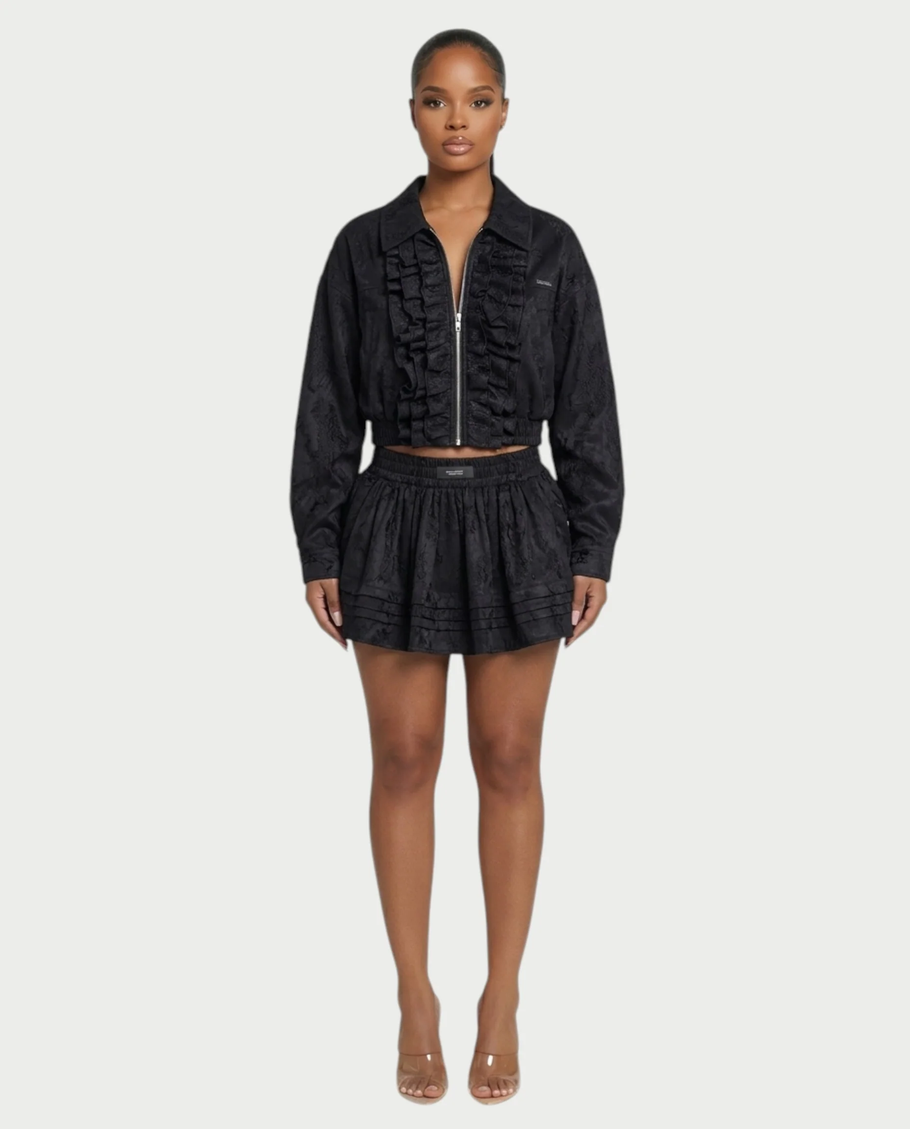 VETTE Ruffled Lace Zip-Up Jacket & Mini Skirt Set - Image 6