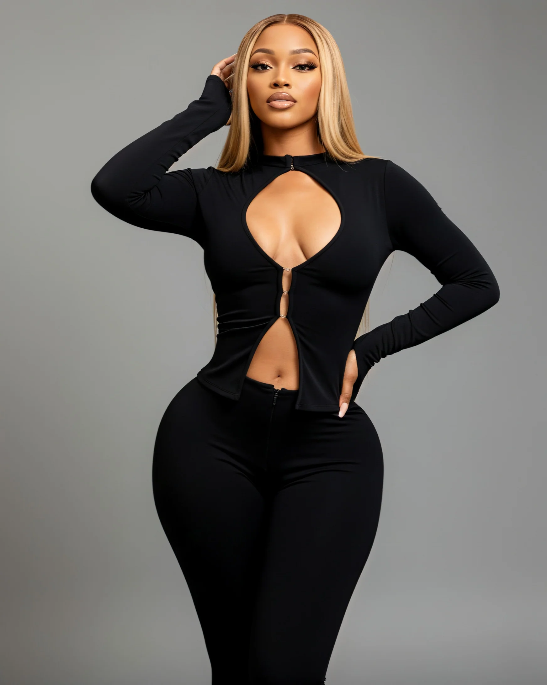 VIANNE Keyhole Cutout Top & Zip-Front Pant Set - Image 2