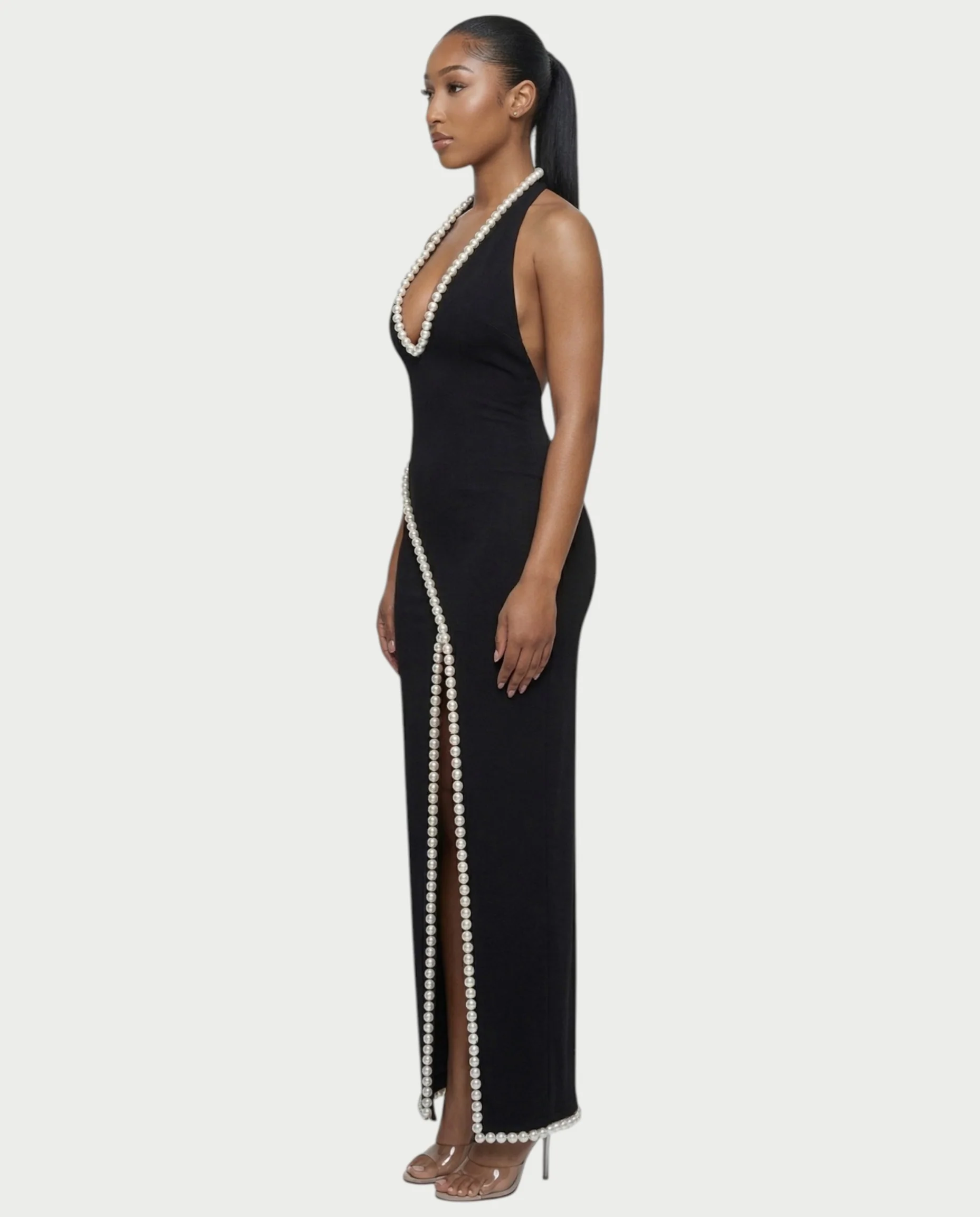 VIDA Pearl-Trim Halter Slit Maxi Dress - Image 3