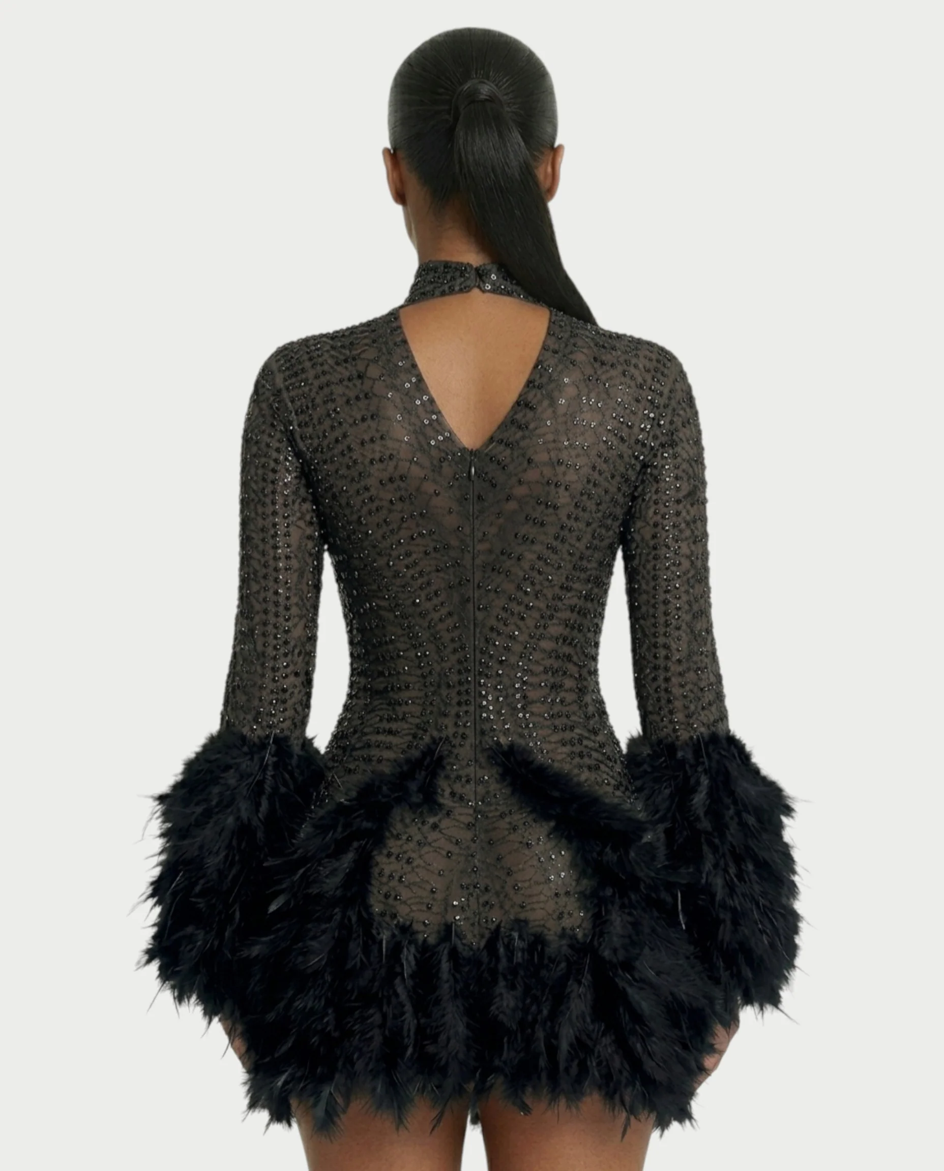 VINA Sheer Crystal Feather Trim Mini Dress - Image 15