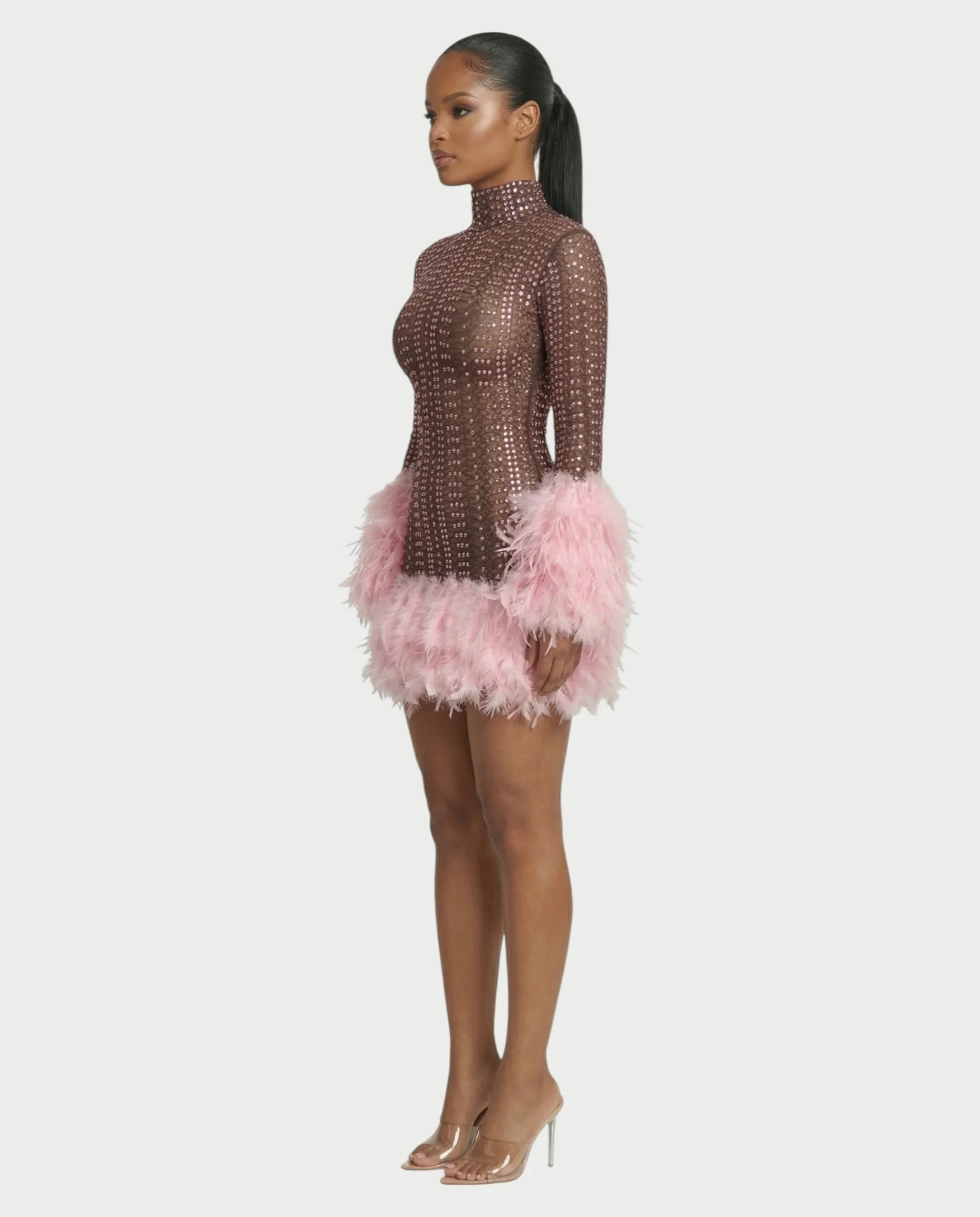 VINA Sheer Crystal Feather Trim Mini Dress - Image 3
