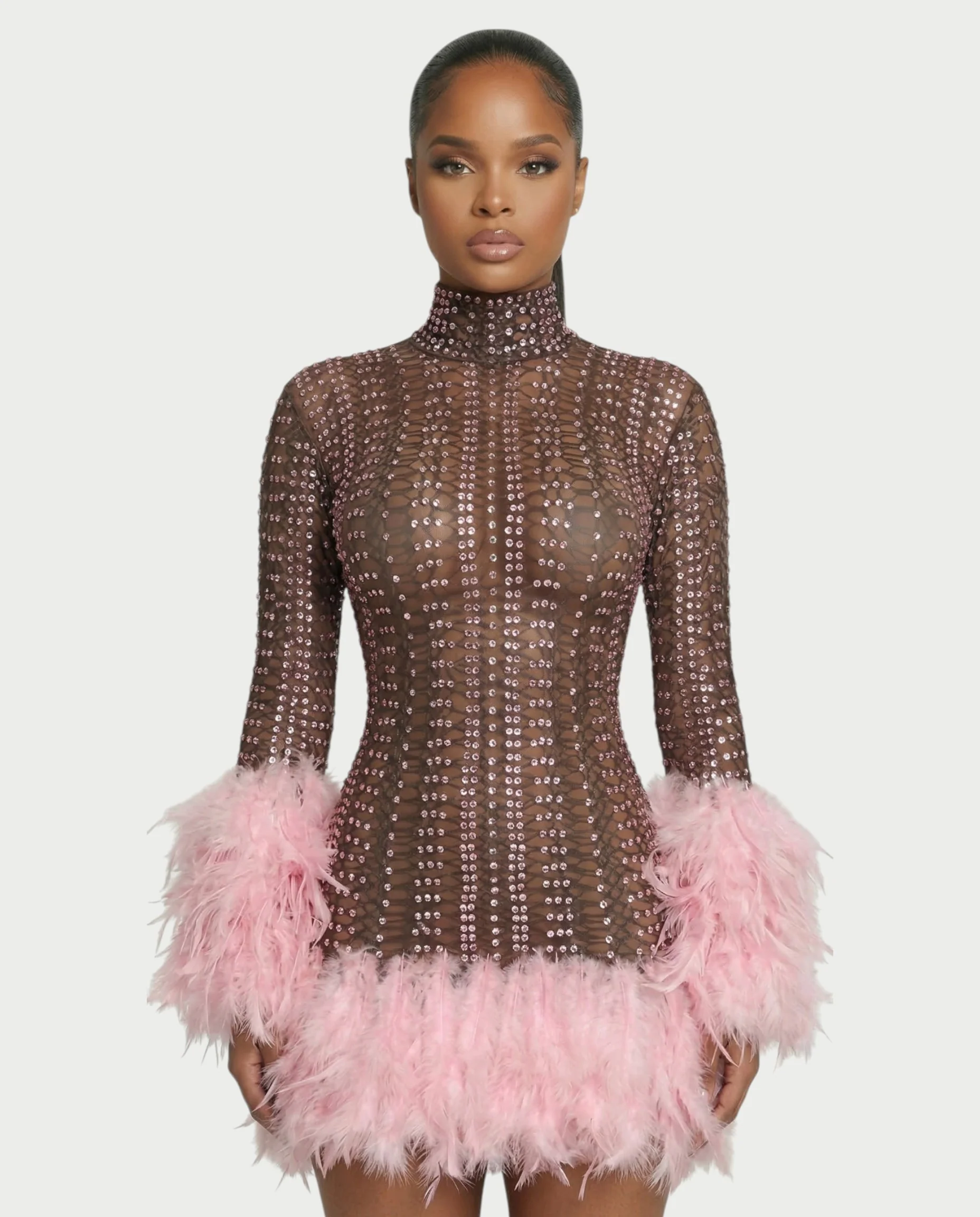 VINA Sheer Crystal Feather Trim Mini Dress - Image 4