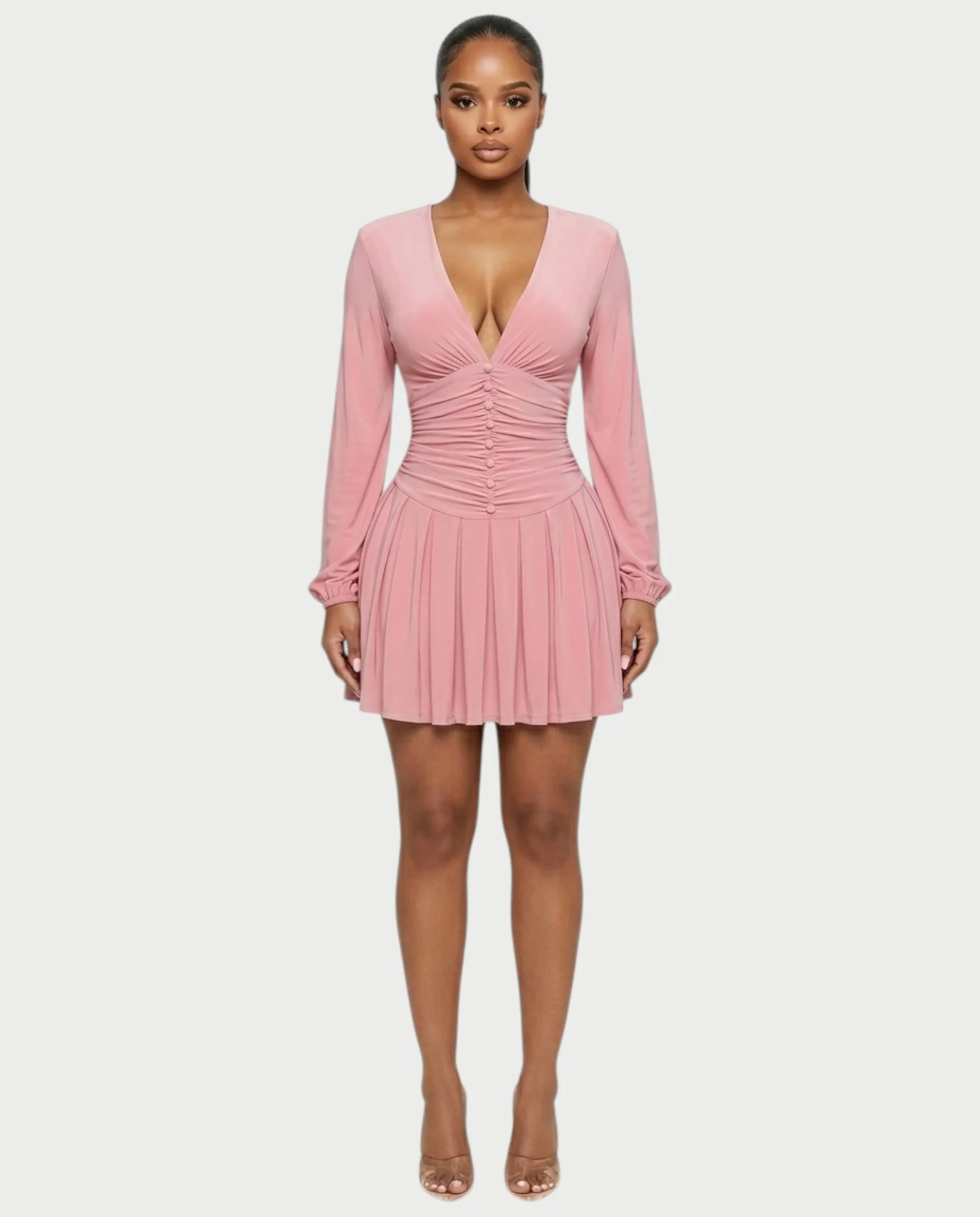 VINNA Ruched Waist-cinching Pleated Mini Dress