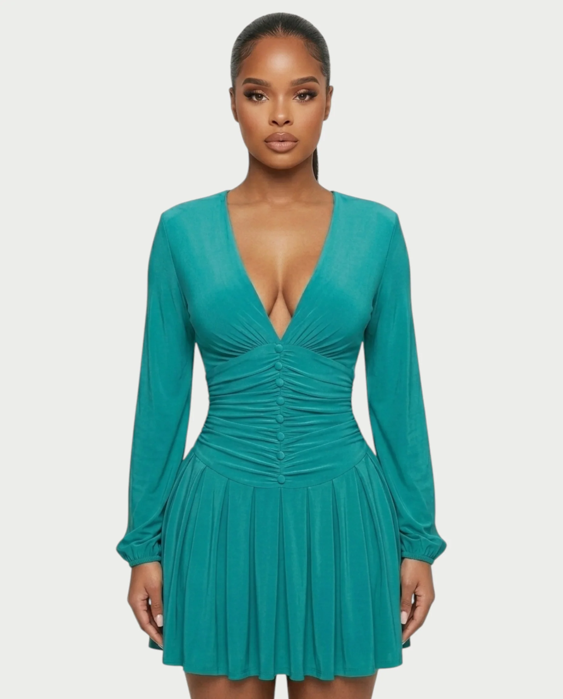 VINNA Ruched Waist-cinching Pleated Mini Dress - Image 29