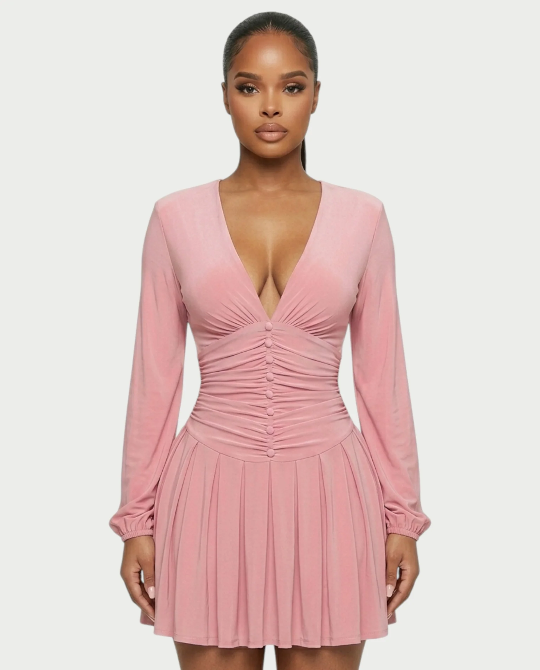 VINNA Ruched Waist-cinching Pleated Mini Dress - Image 4
