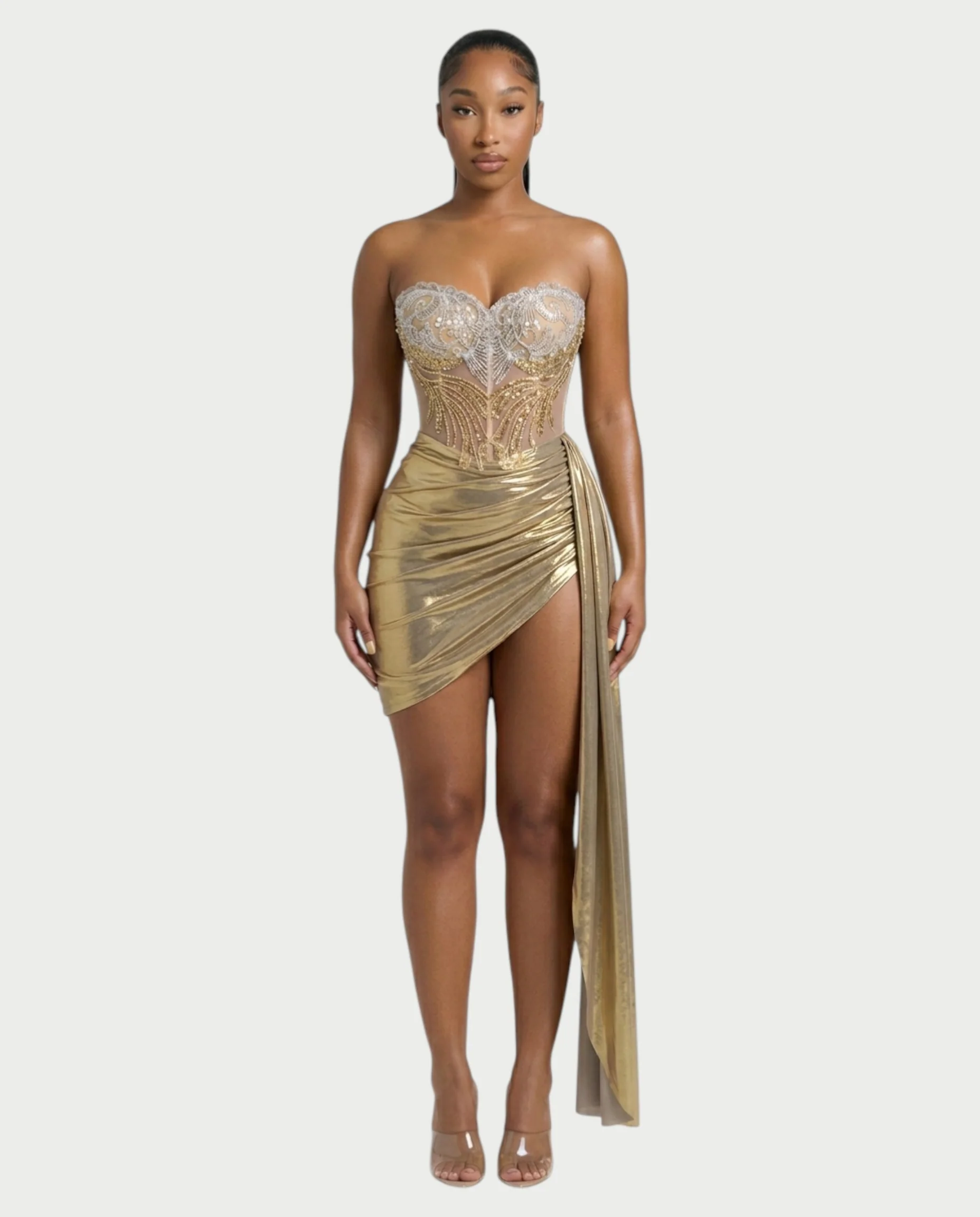 VIONE Strapless Embroidered Corset Mini Dress