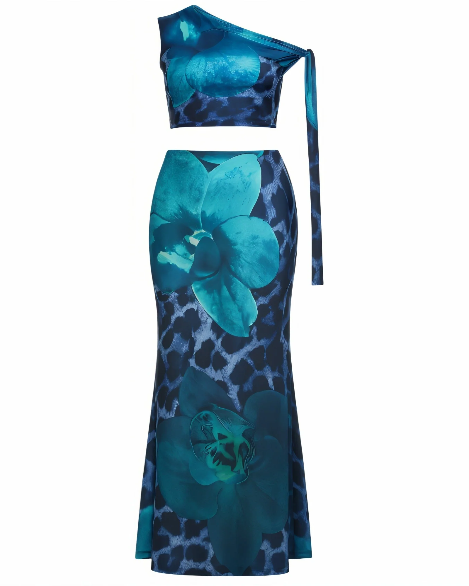 VIONETTE One-Shoulder Floral Leopard Print Top & Maxi Skirt Set - Image 8