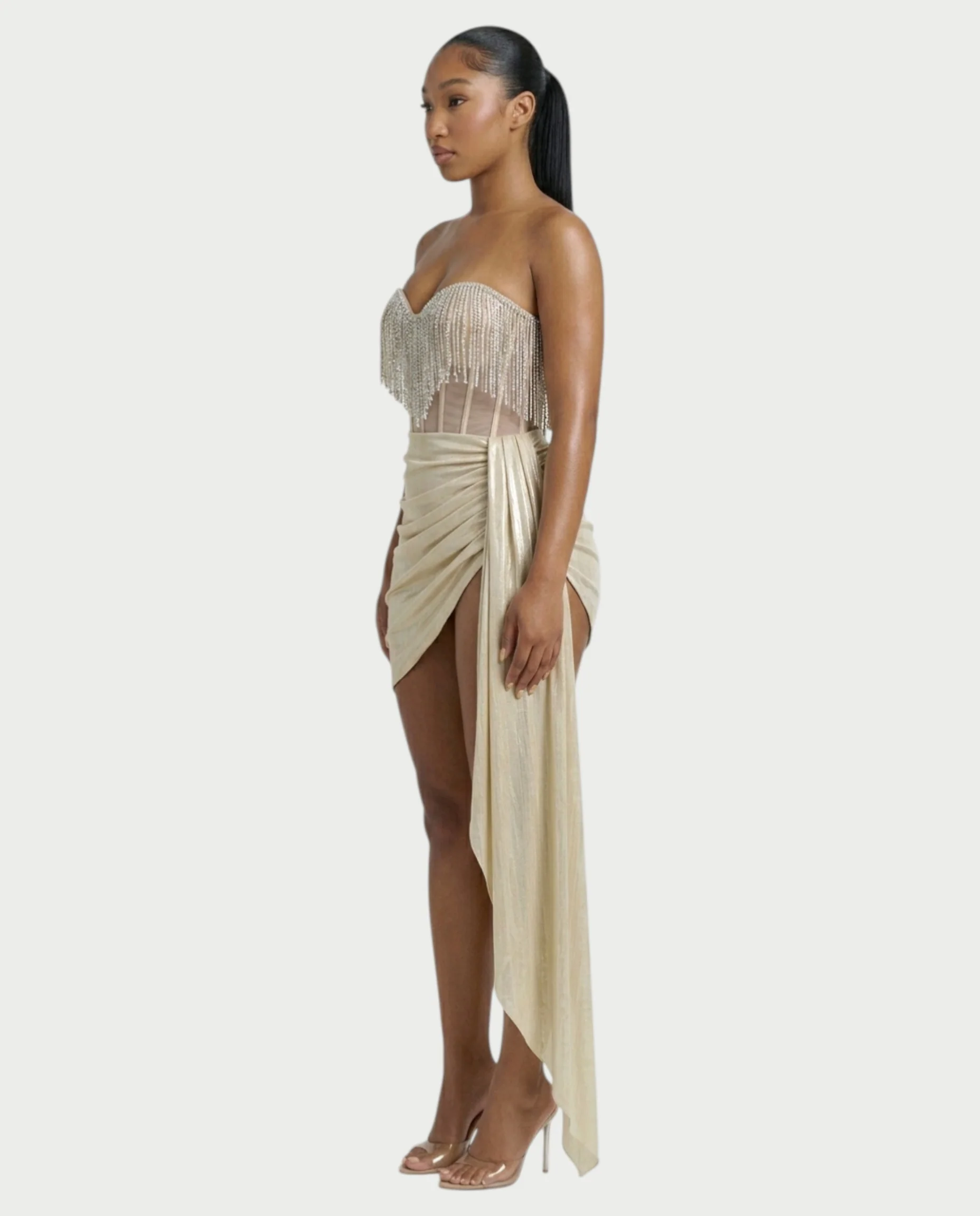 VIRELA Rhinestone Fringe Drape Metallic Mini Dress - Image 3