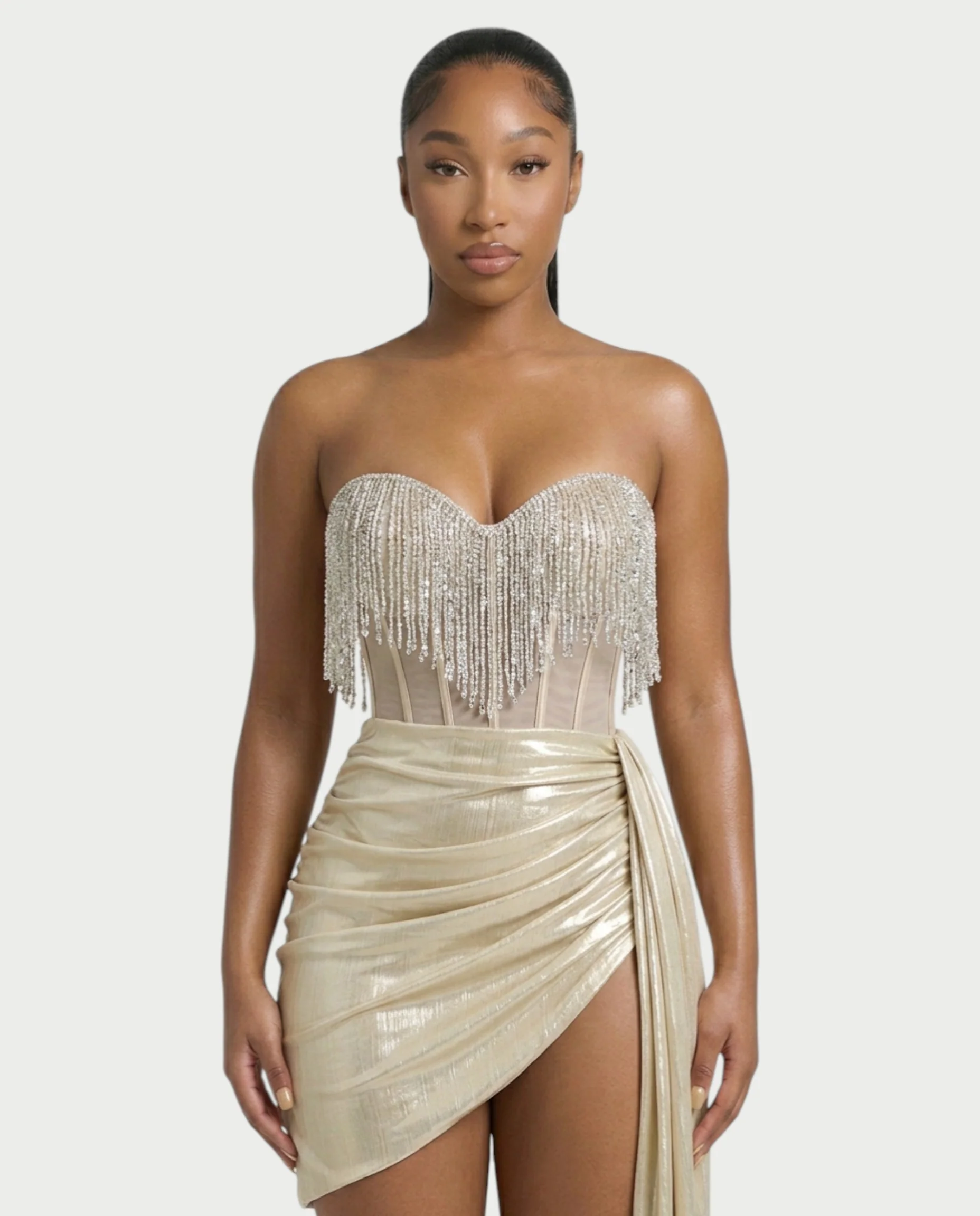 VIRELA Rhinestone Fringe Drape Metallic Mini Dress - Image 4