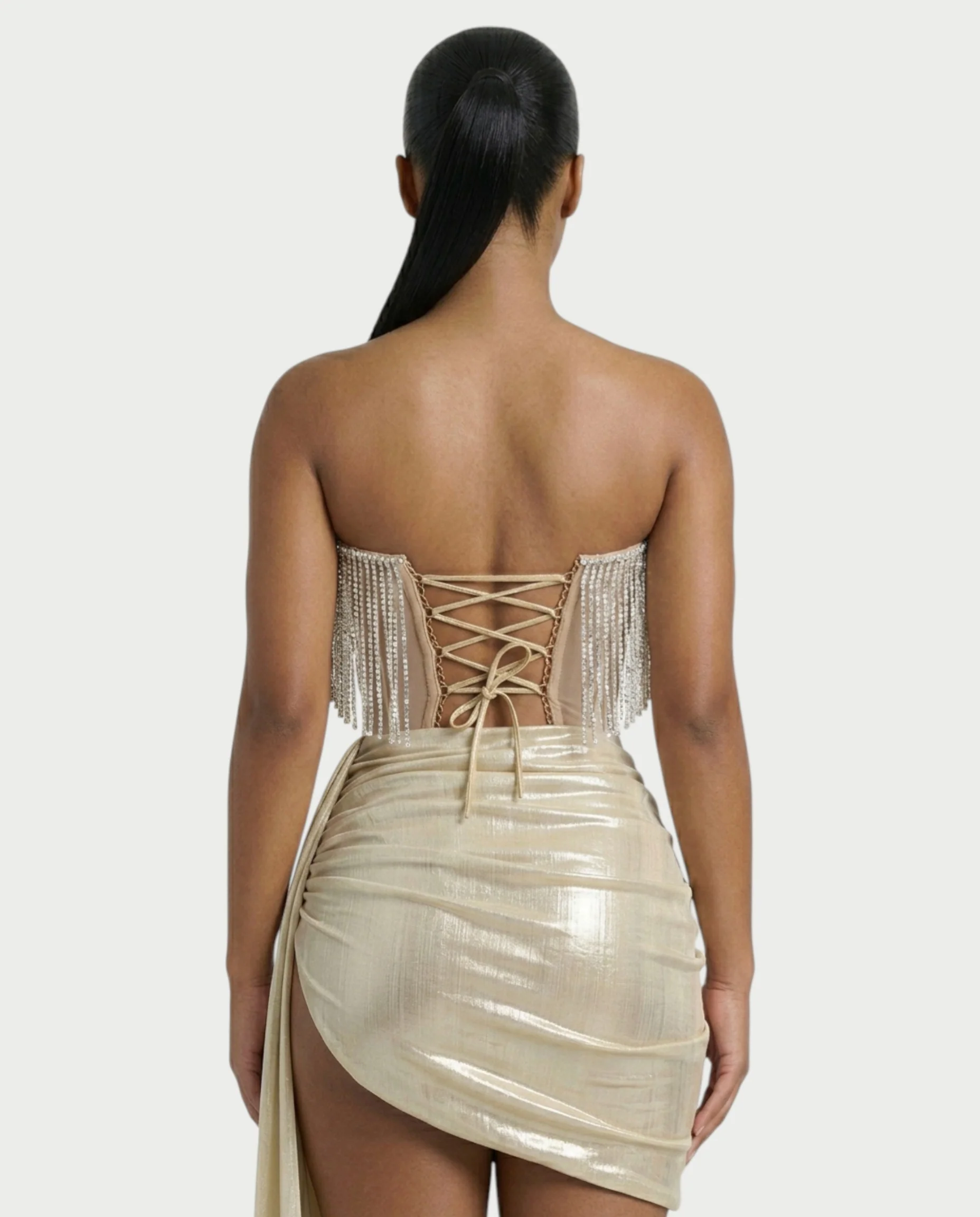 VIRELA Rhinestone Fringe Drape Metallic Mini Dress - Image 5