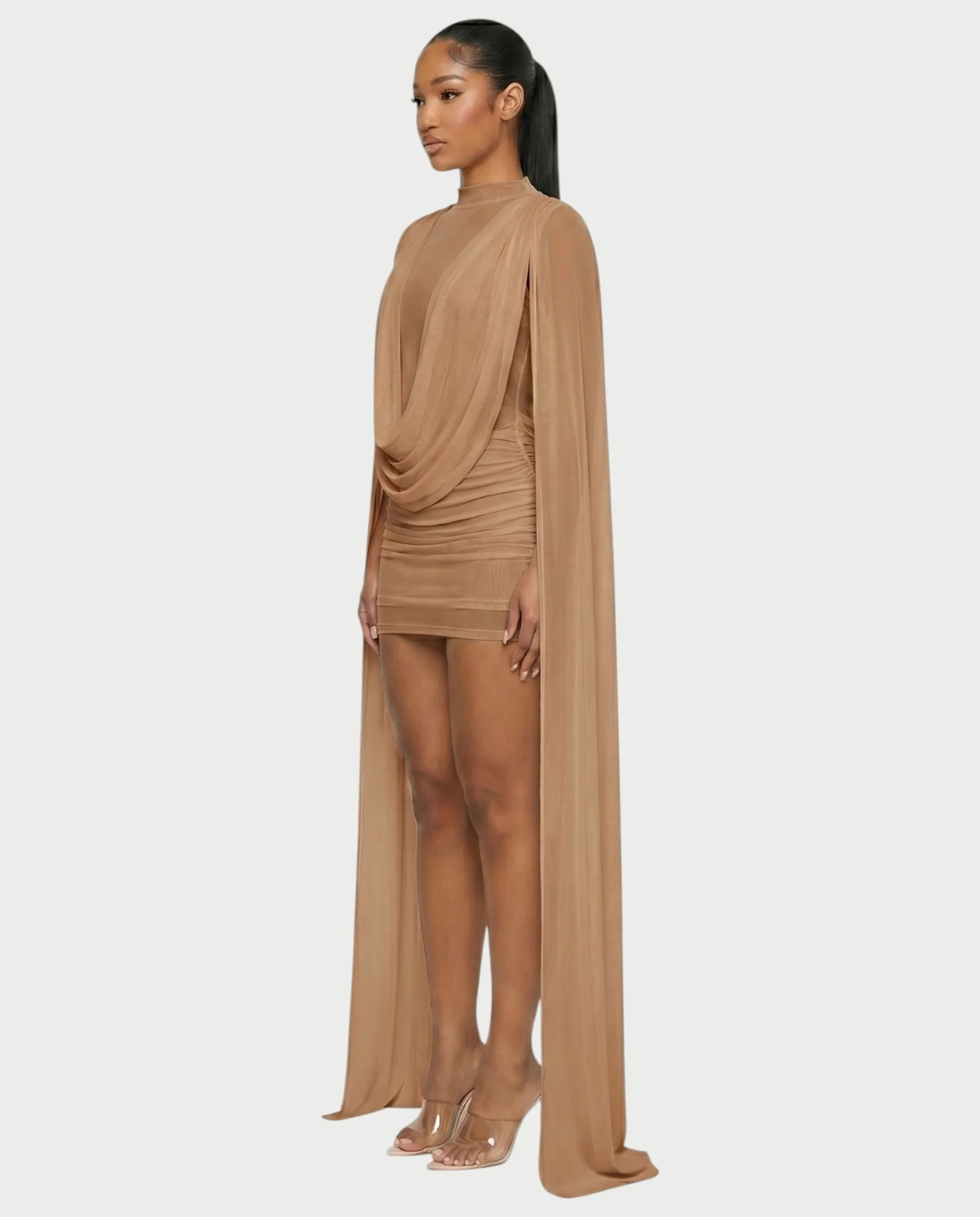 WAYONA High-Neck Mesh Draped Mini Dress - Image 8