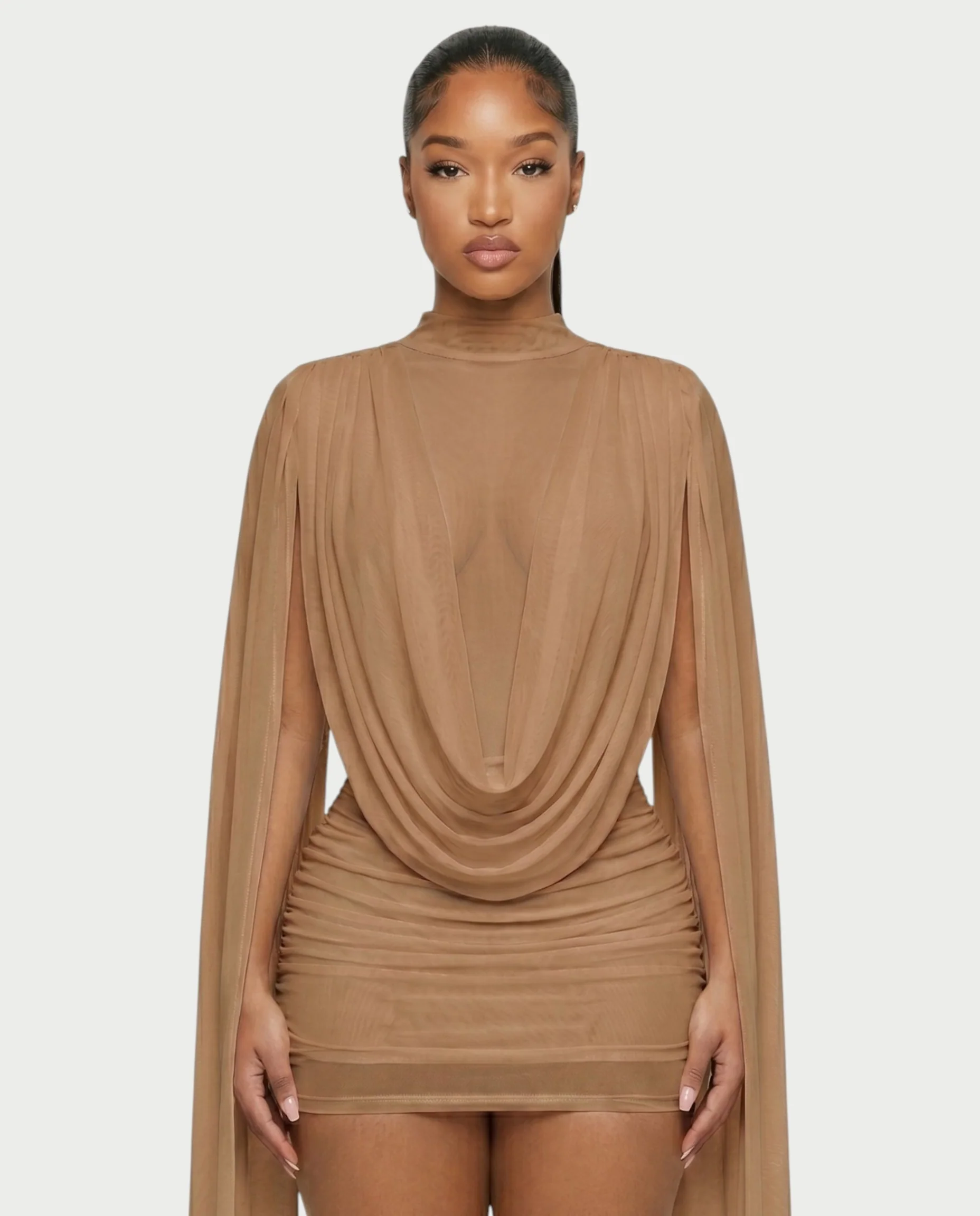 WAYONA High-Neck Mesh Draped Mini Dress - Image 9