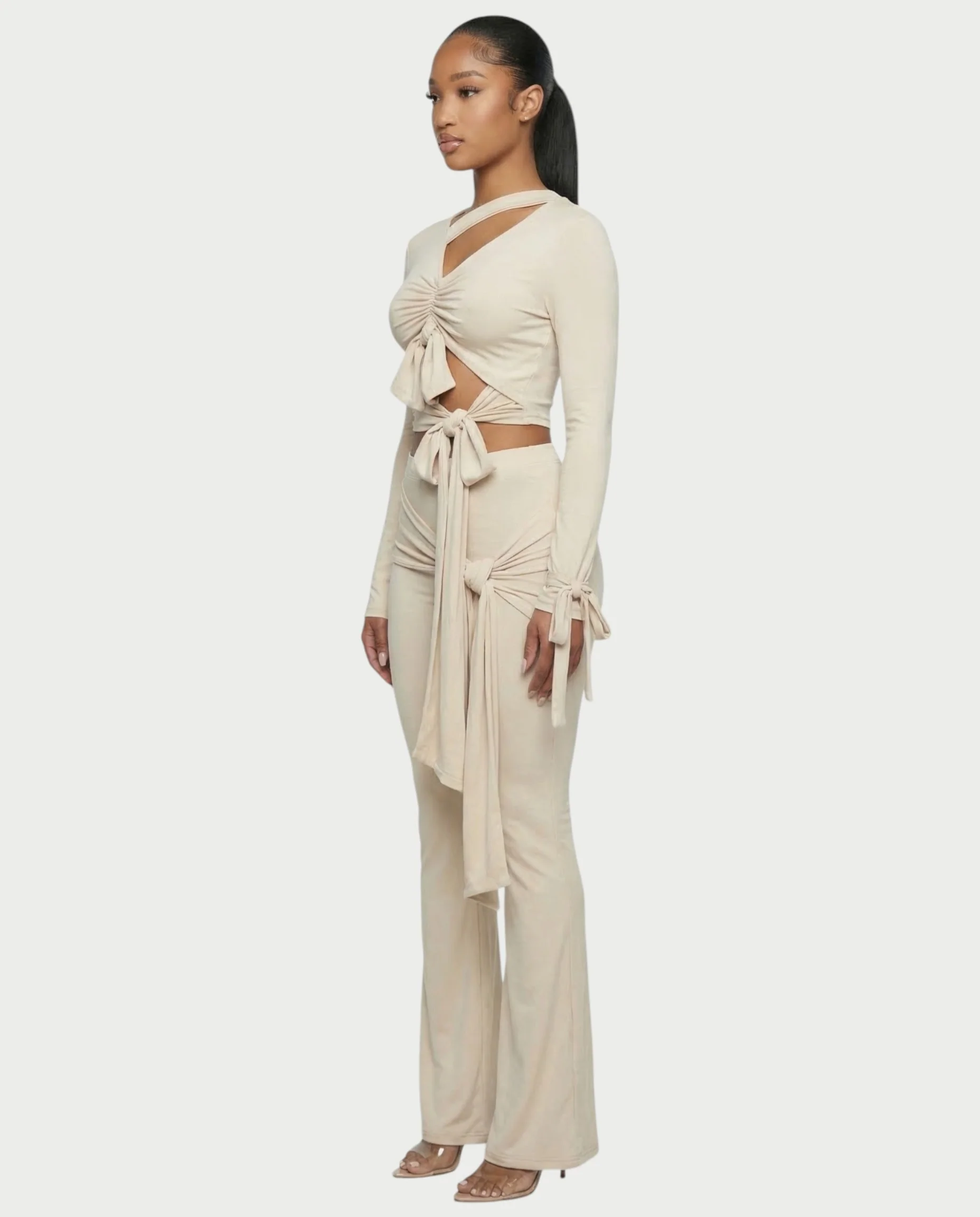 XYLA Ruched Tie-Front Top & Flare Pants Set - Image 3