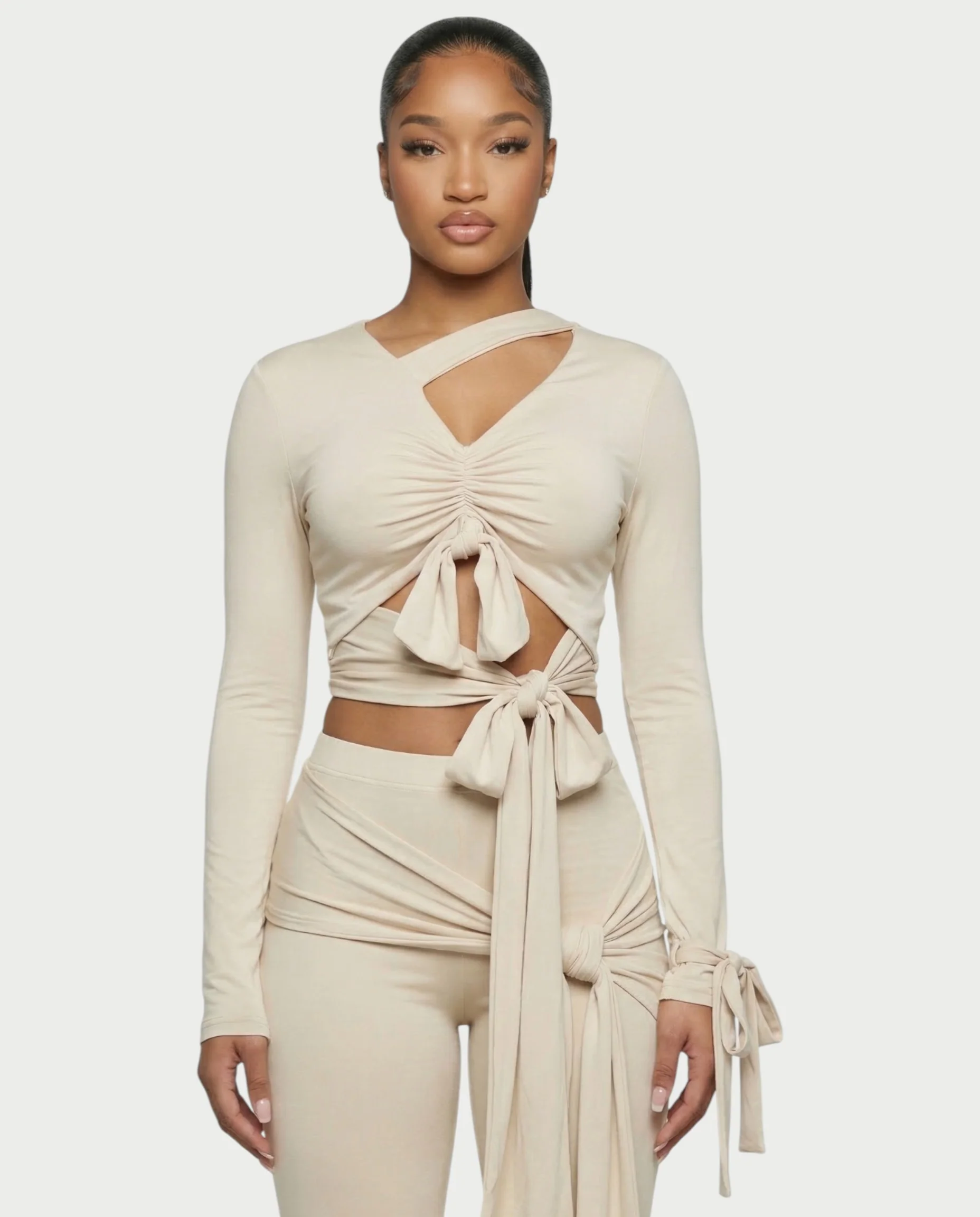XYLA Ruched Tie-Front Top & Flare Pants Set - Image 4