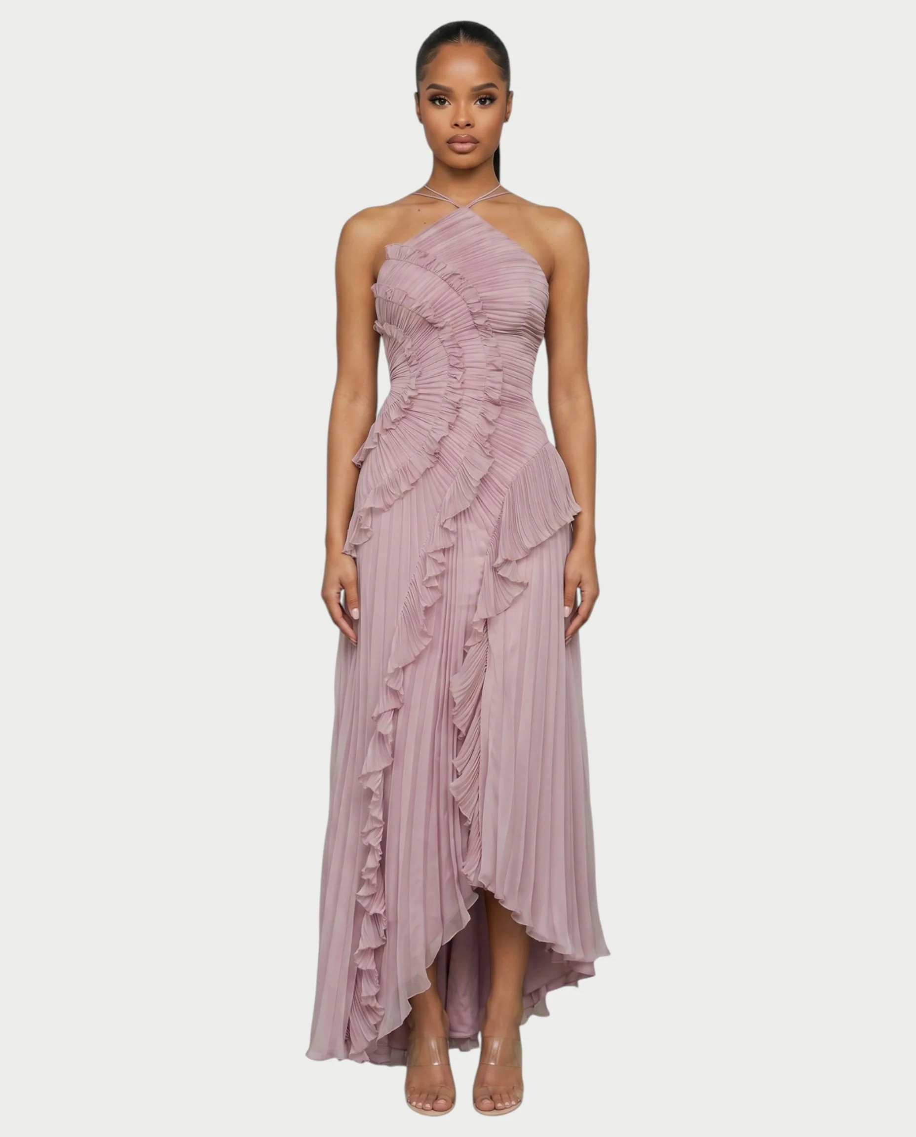 XYLORIA Chiffon Pleated Ruffle Asymmetrical Maxi Dress