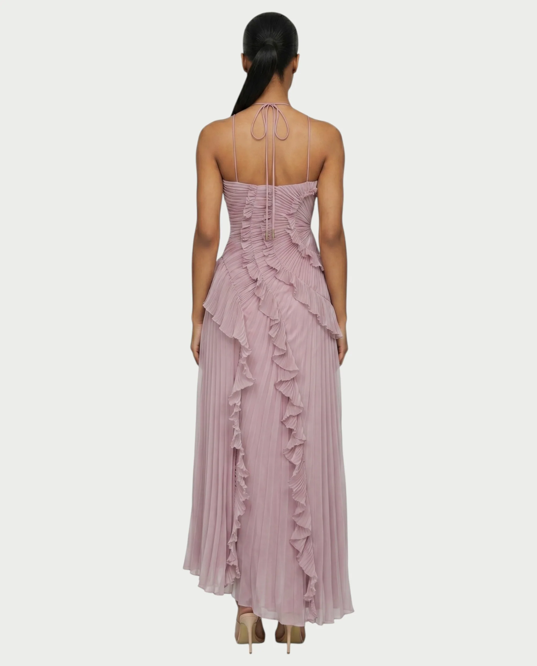 XYLORIA Chiffon Pleated Ruffle Asymmetrical Maxi Dress - Image 2