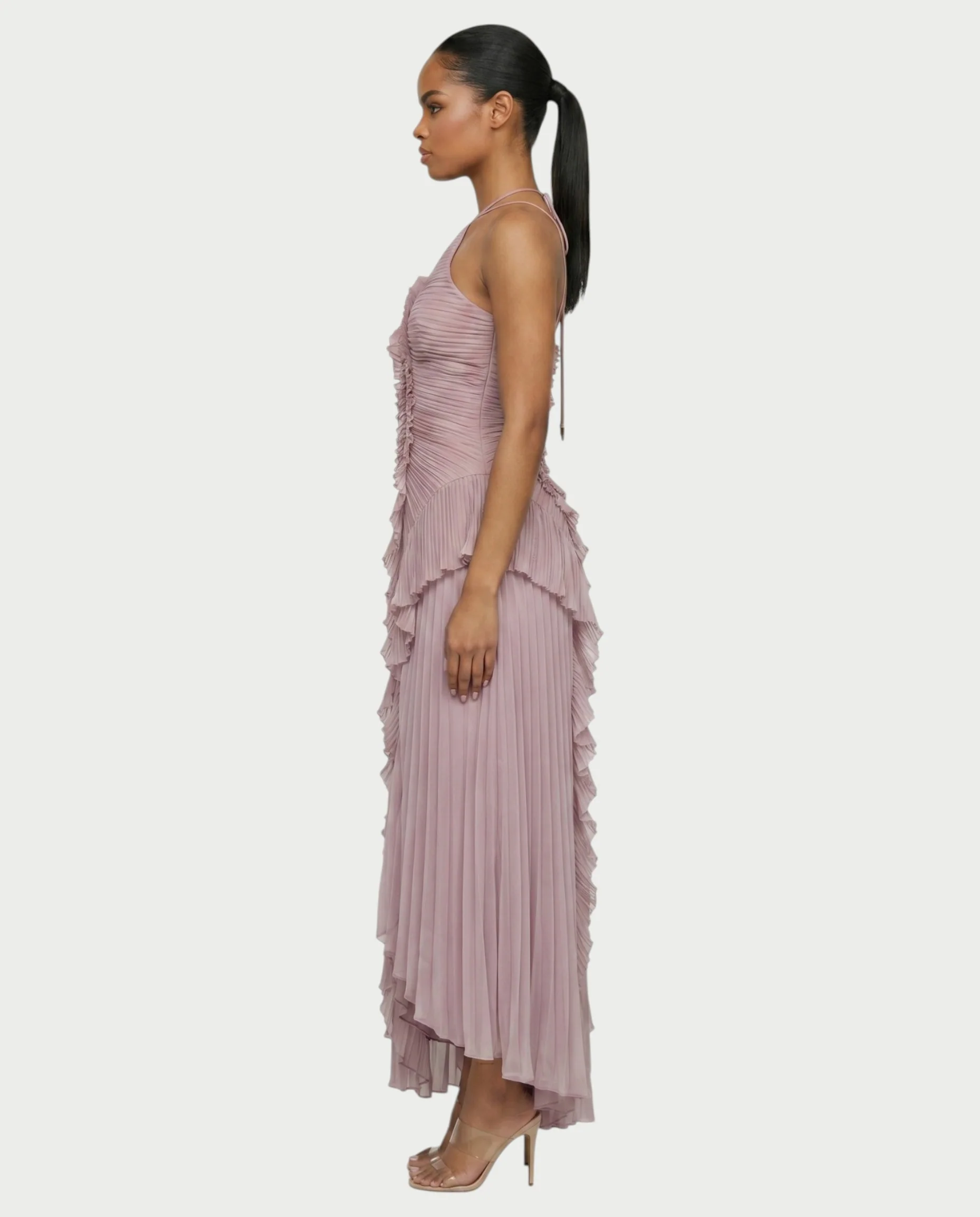 XYLORIA Chiffon Pleated Ruffle Asymmetrical Maxi Dress - Image 3